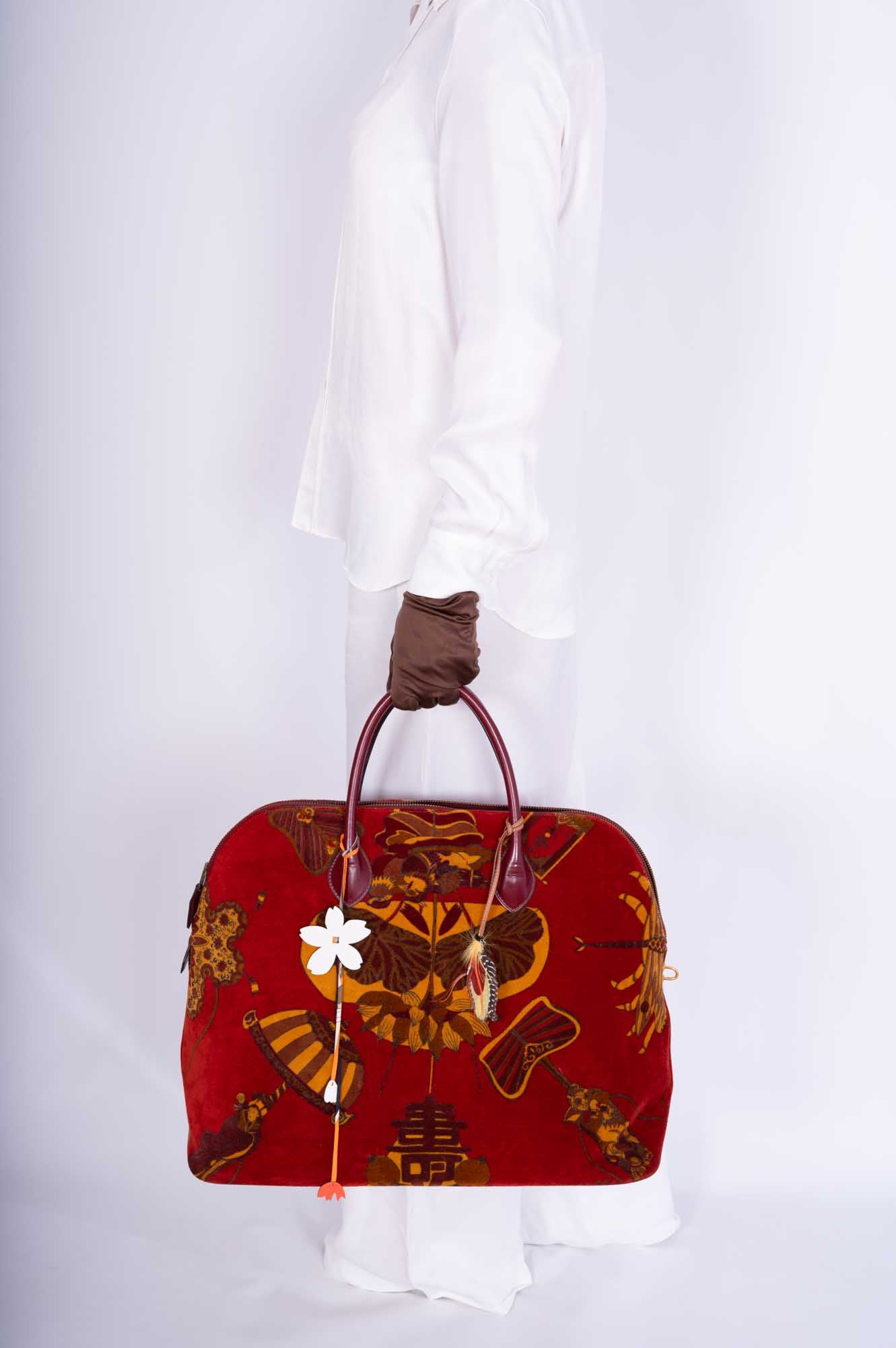Vintage Hermès Bolide 45 SOIES VOLANTES Rouge H Box and Velvet Travel Bag