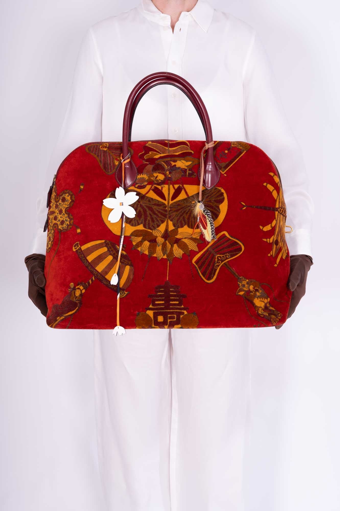 Vintage Hermès Bolide 45 SOIES VOLANTES Rouge H Box and Velvet Travel Bag