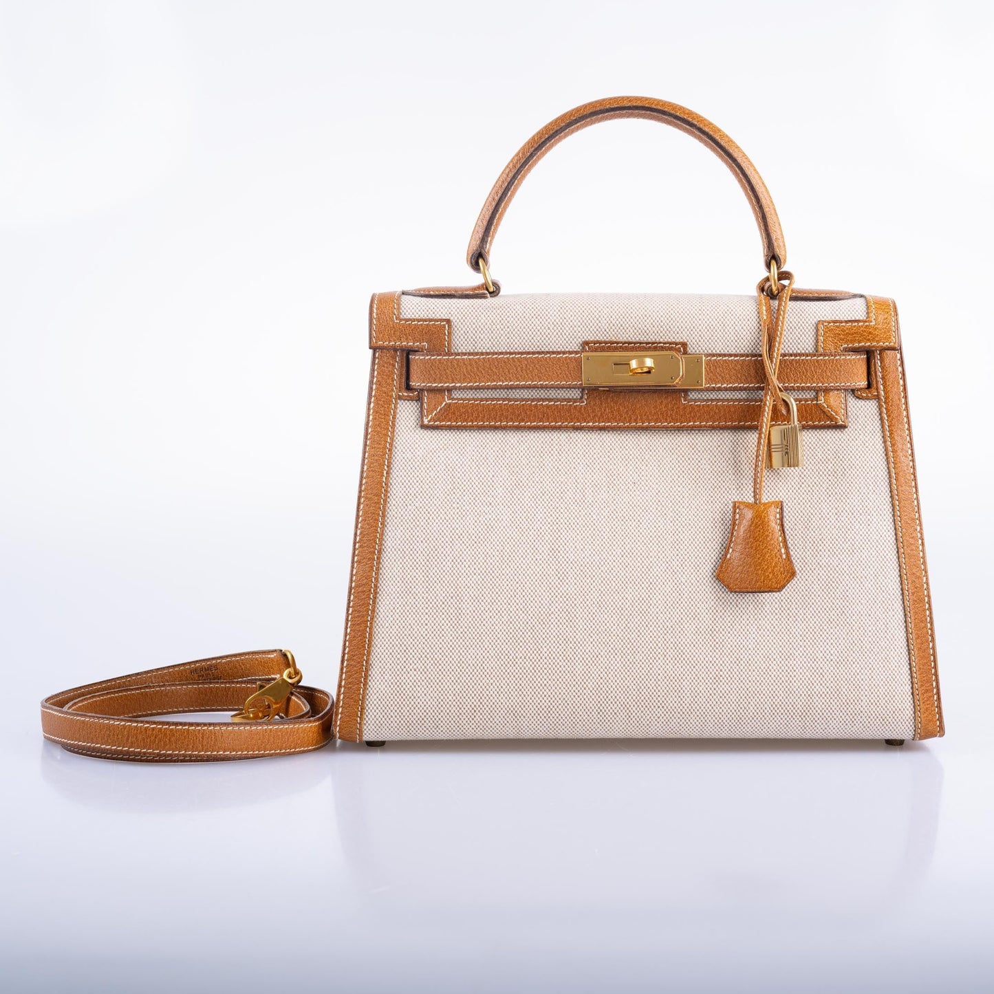 Vintage Hermès Kelly 28 Sellier Naturel & Écru Toile H and Peau Porc Gold Hardware