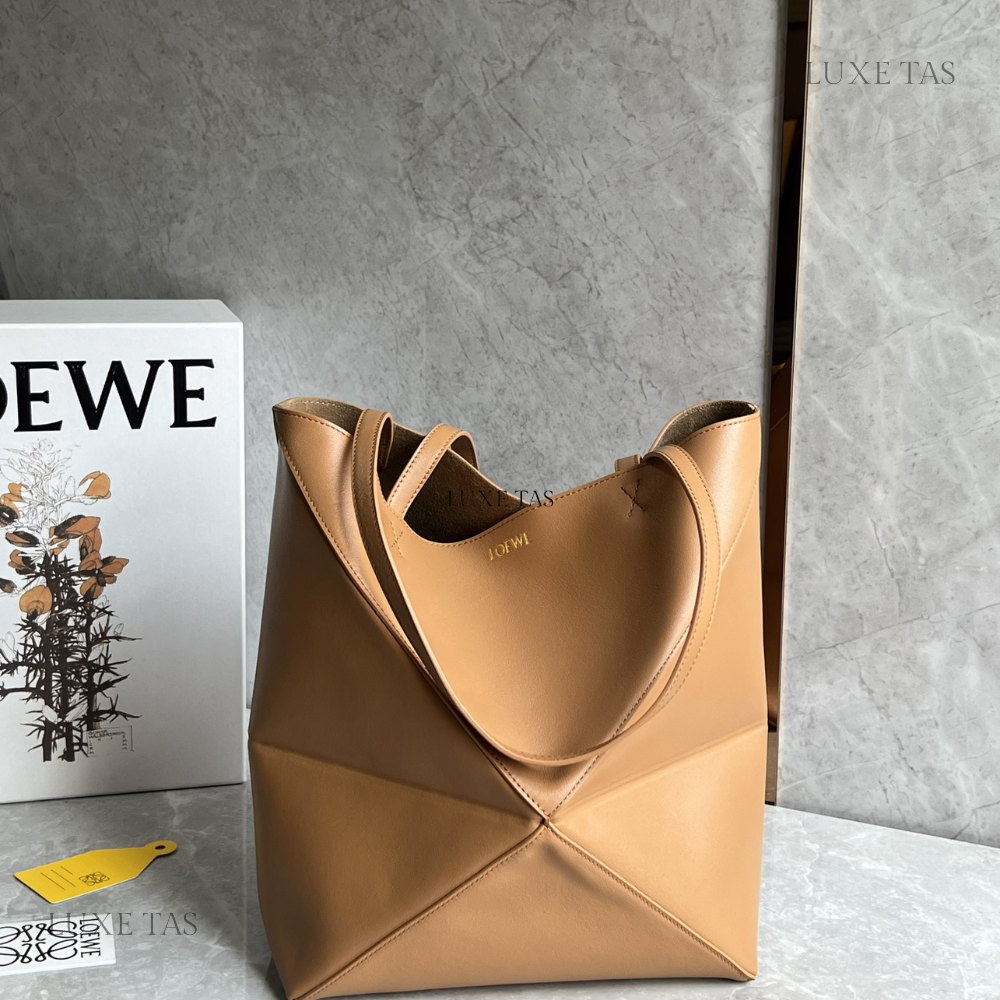 Warm Desert Puzzle Fold Tote In Shiny Calfskin Leather Tote Bag for Women