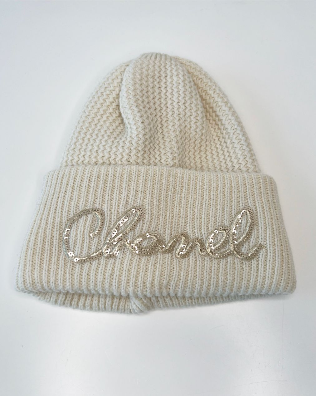 Chanel Cream Embroidered Logo Sequin Knitted Beanie Hat