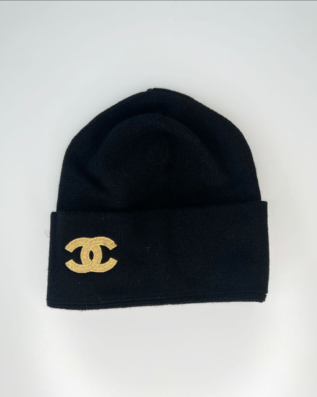 Chanel Black Knitted Gold Logo Beanie