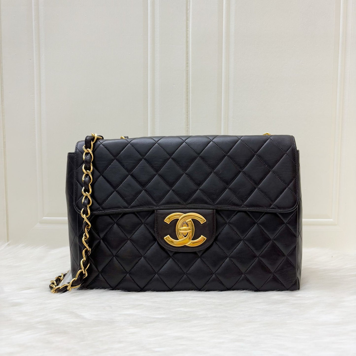 Chanel Vintage Jumbo / Maxi Flap with XL CC Logo in Black Lambskin and 24K Gold-Plated HW