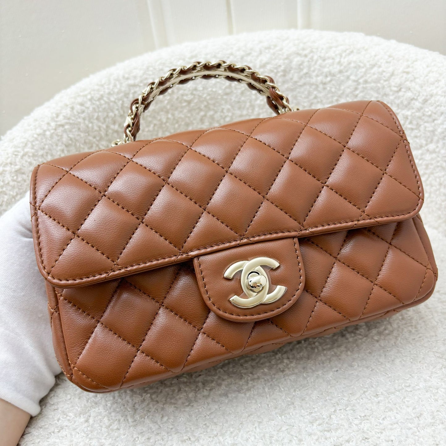 Chanel 23A Mini Rectangle Flap with Crystals Top Handle in Cognac Brown Lambskin and LGHW