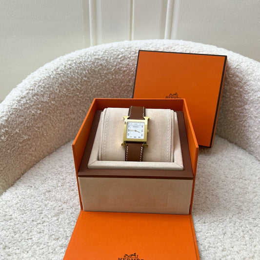 Hermes Heure H MM Watch in 18K Gold Plated Case and Natural Barenia Strap (Model: HH1.501)