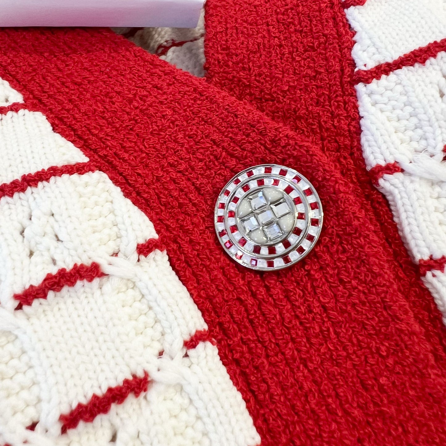 Chanel 23C Rhinestone Jewel Button Cardigan in White and Red Cotton Sz 36