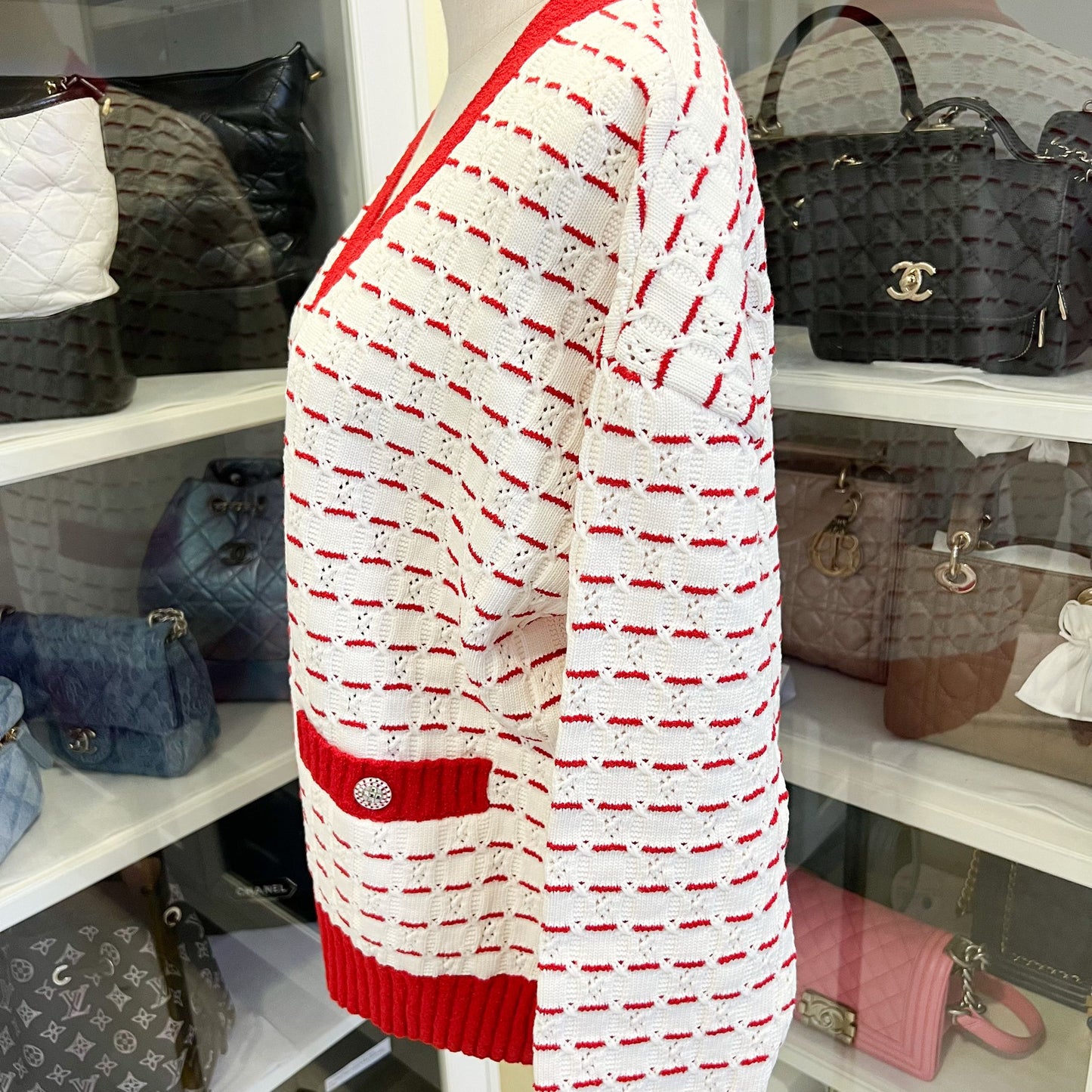 Chanel 23C Rhinestone Jewel Button Cardigan in White and Red Cotton Sz 36