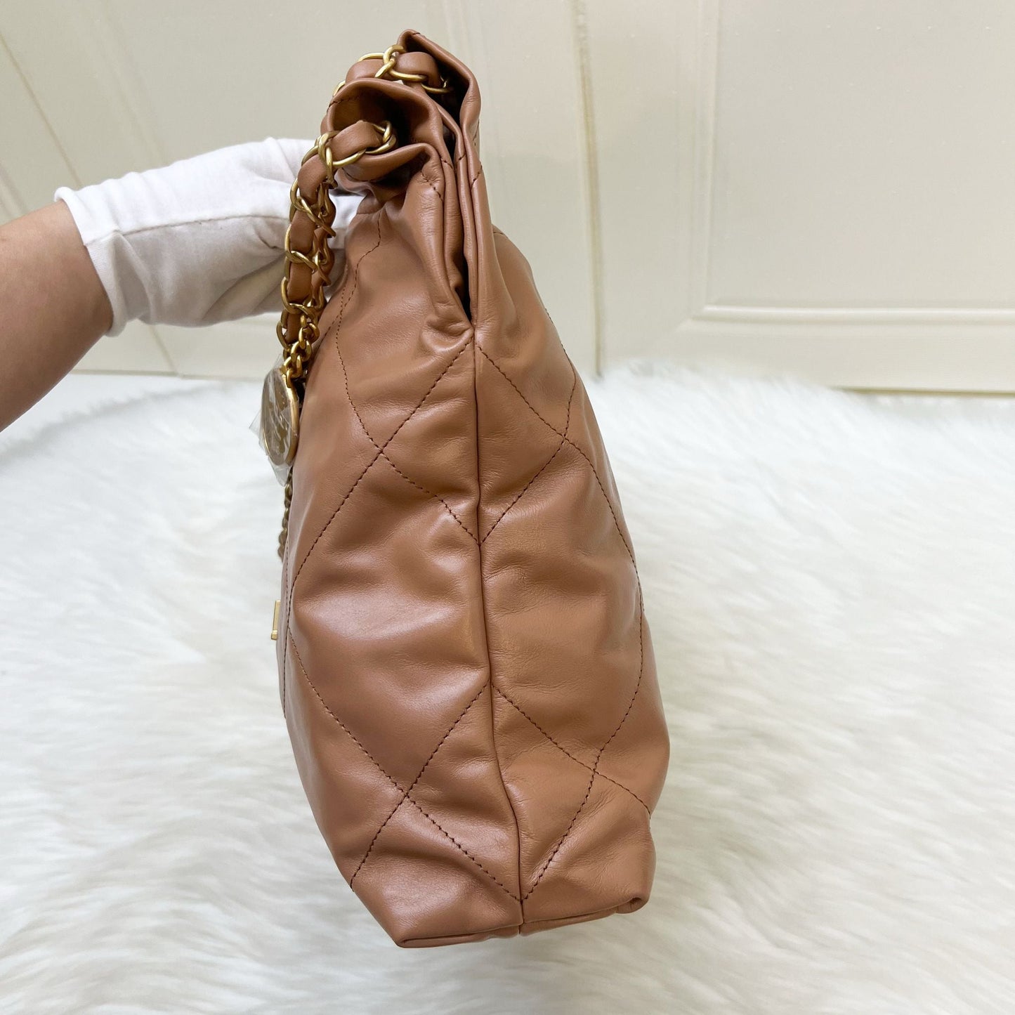 Chanel 22 Small Hobo Handbag in Caramel Calfskin and AGHW