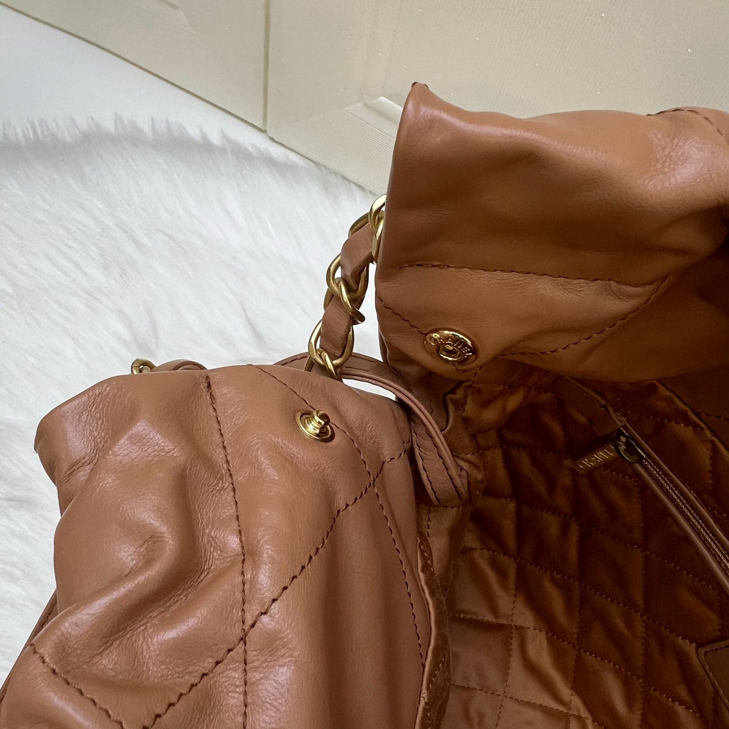 Chanel 22 Small Hobo Handbag in Caramel Calfskin and AGHW