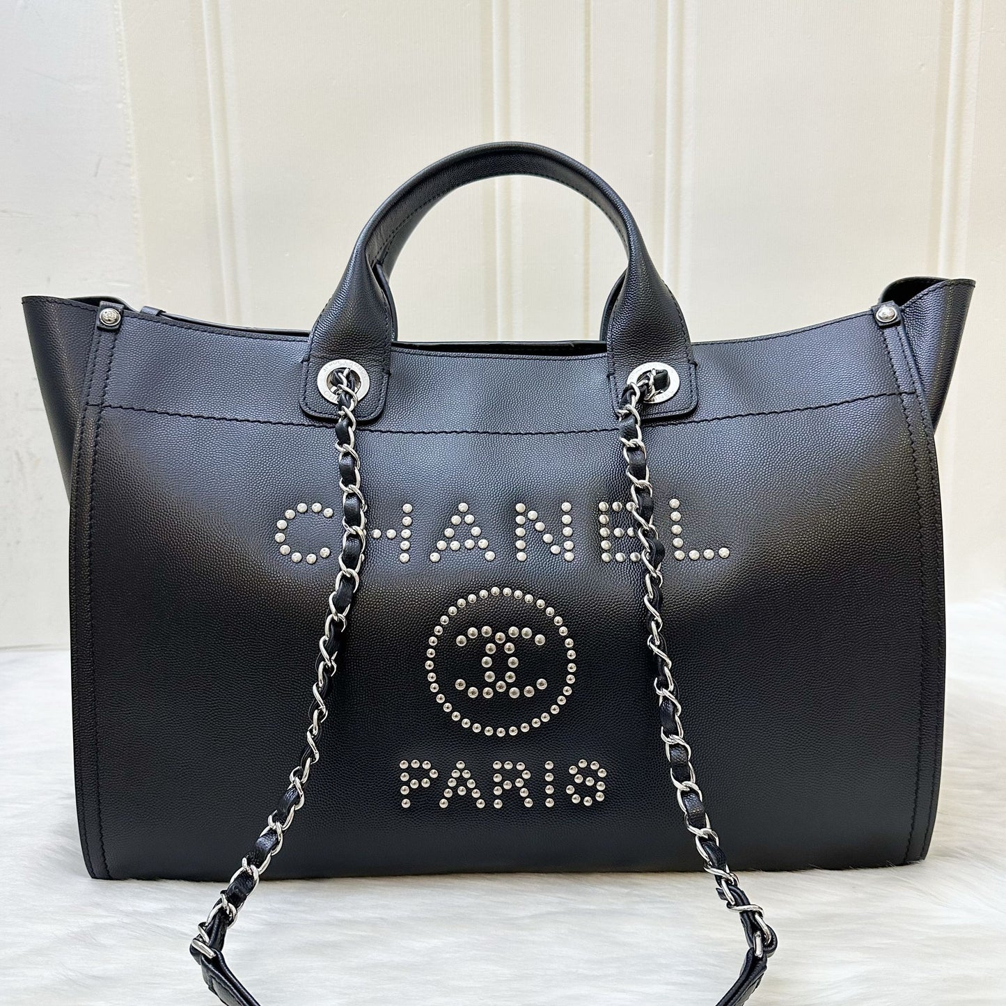 Chanel Medium / Large Deauville Tote in Black Caviar and SHW