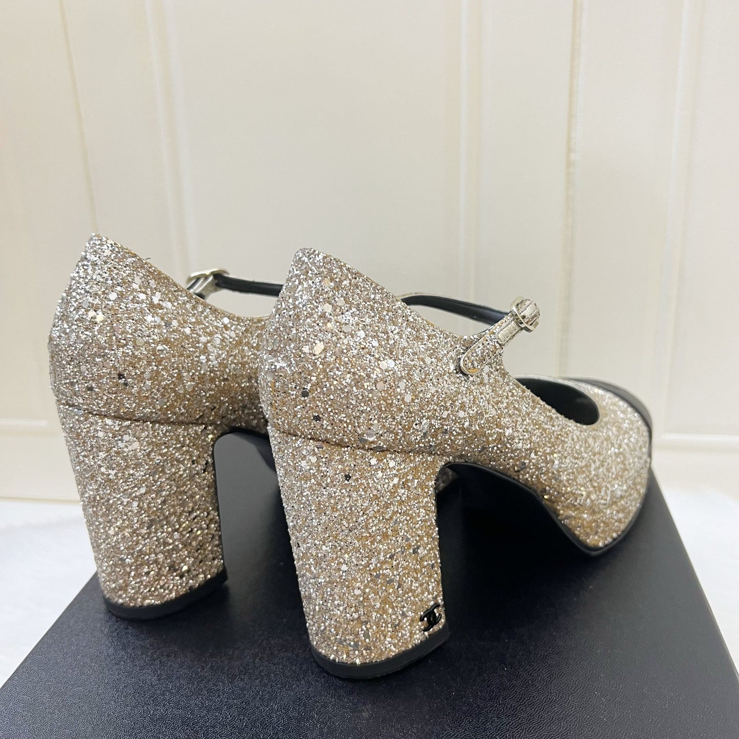 Chanel Platform Heels with Gold Glitter and Black Leather