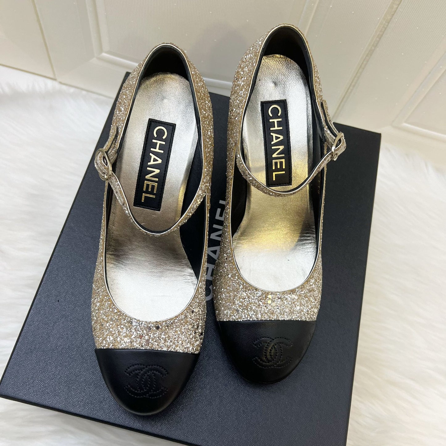 Chanel Platform Heels with Gold Glitter and Black Leather