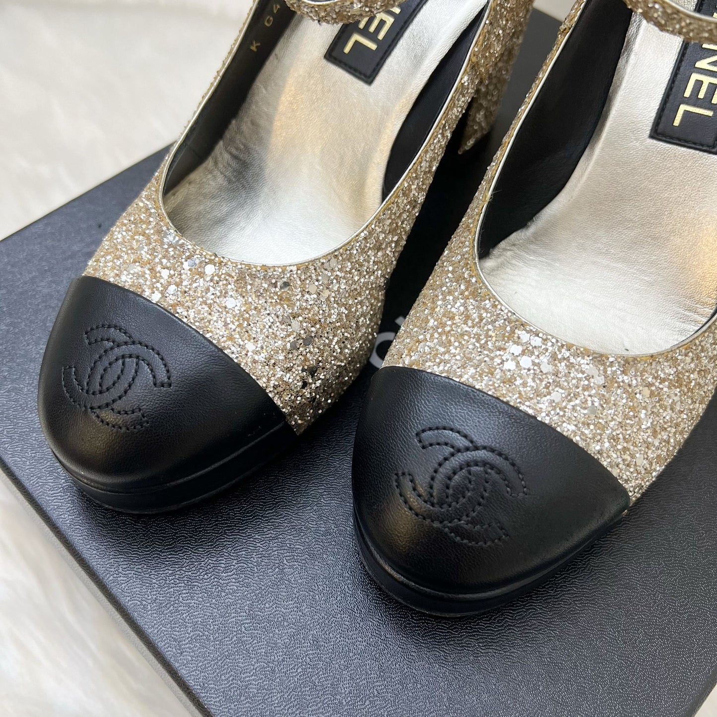 Chanel Platform Heels with Gold Glitter and Black Leather