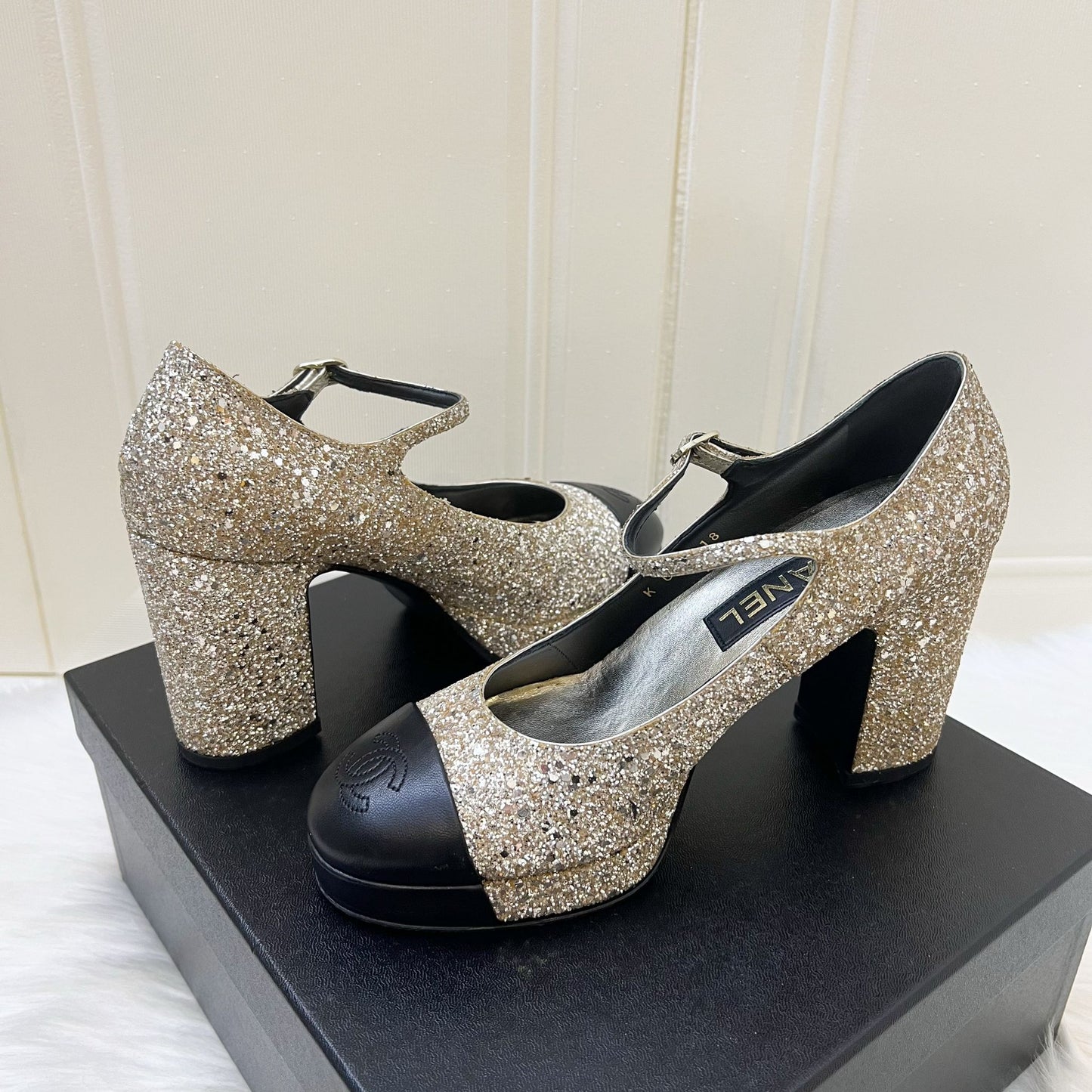 Chanel Platform Heels with Gold Glitter and Black Leather