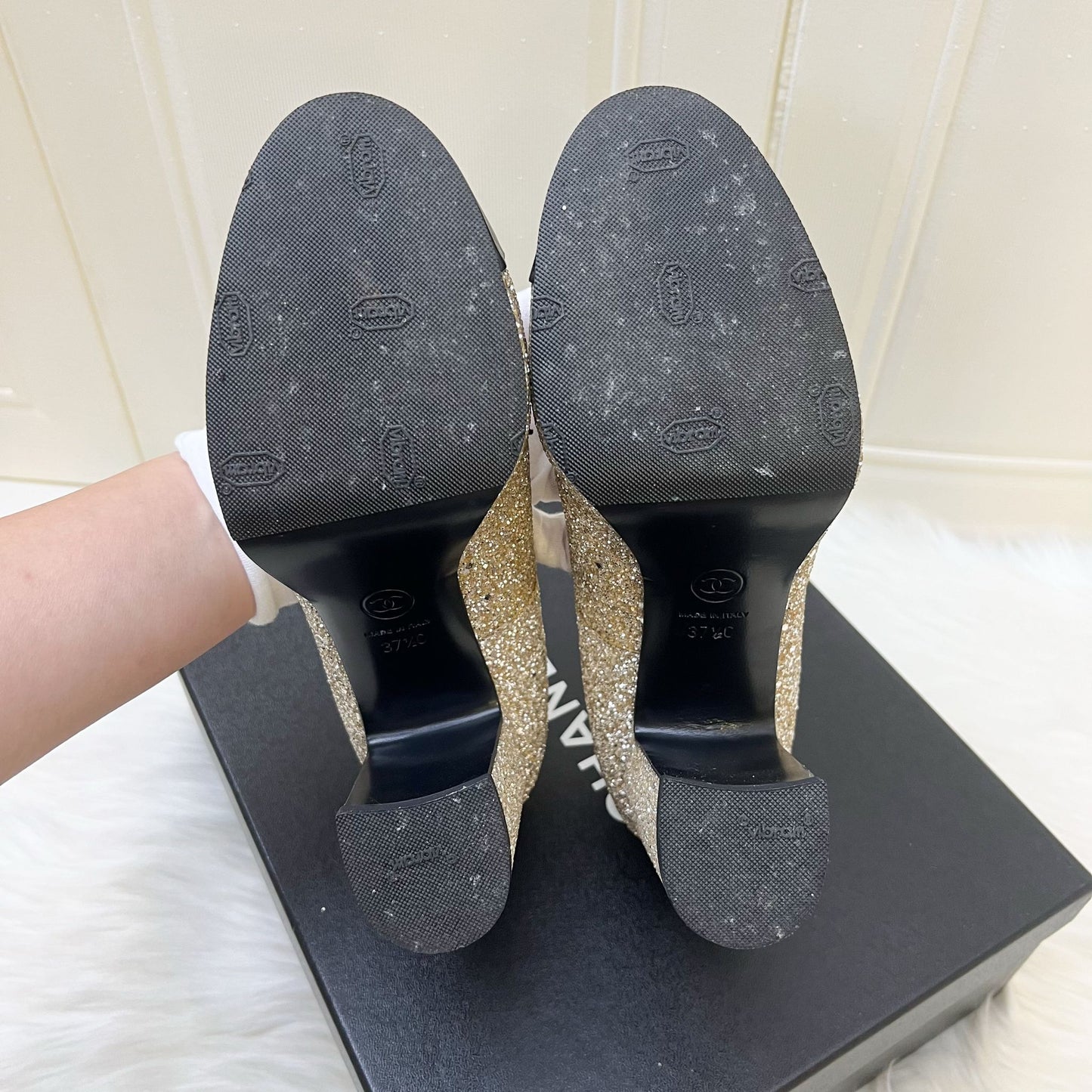 Chanel Platform Heels with Gold Glitter and Black Leather
