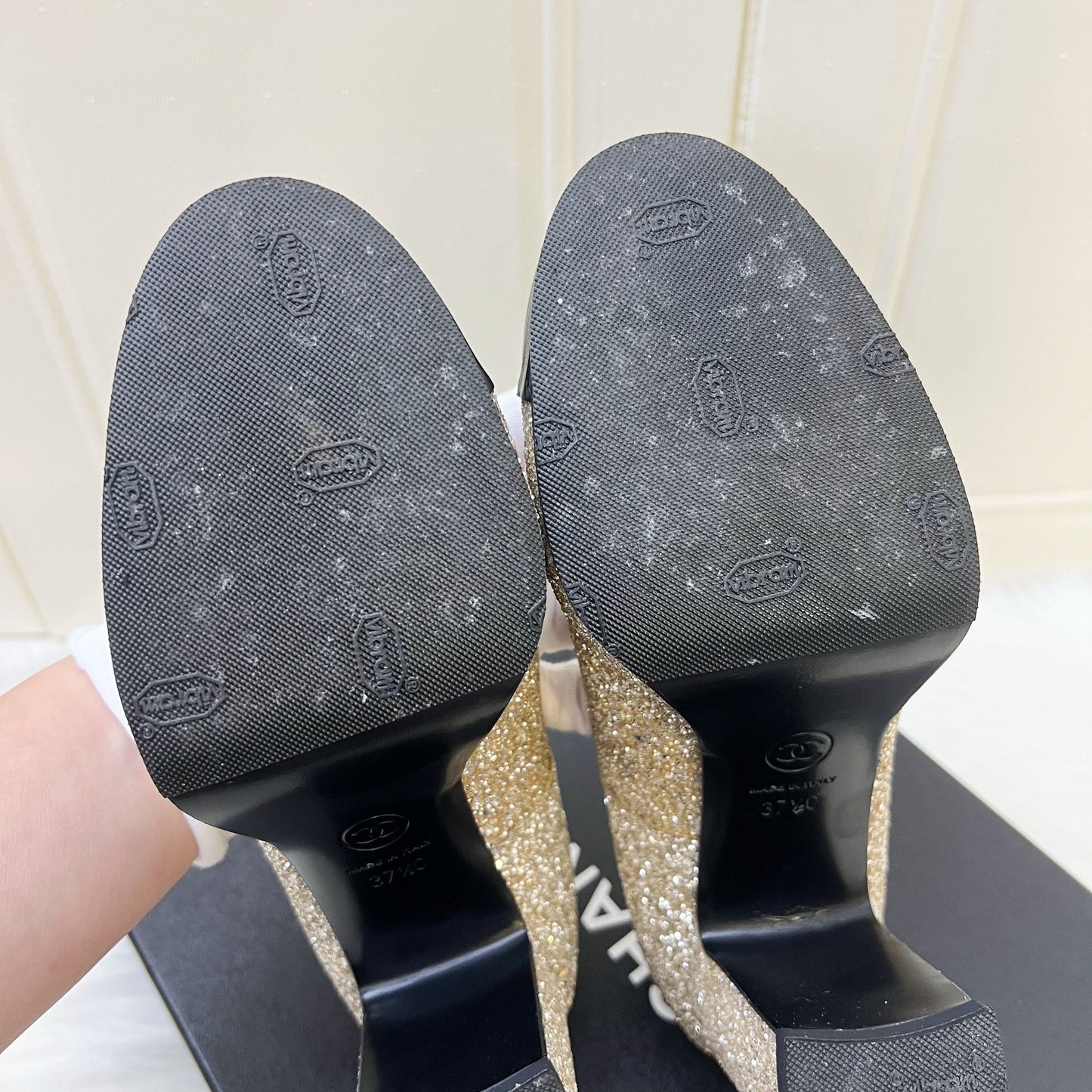 Chanel Platform Heels with Gold Glitter and Black Leather