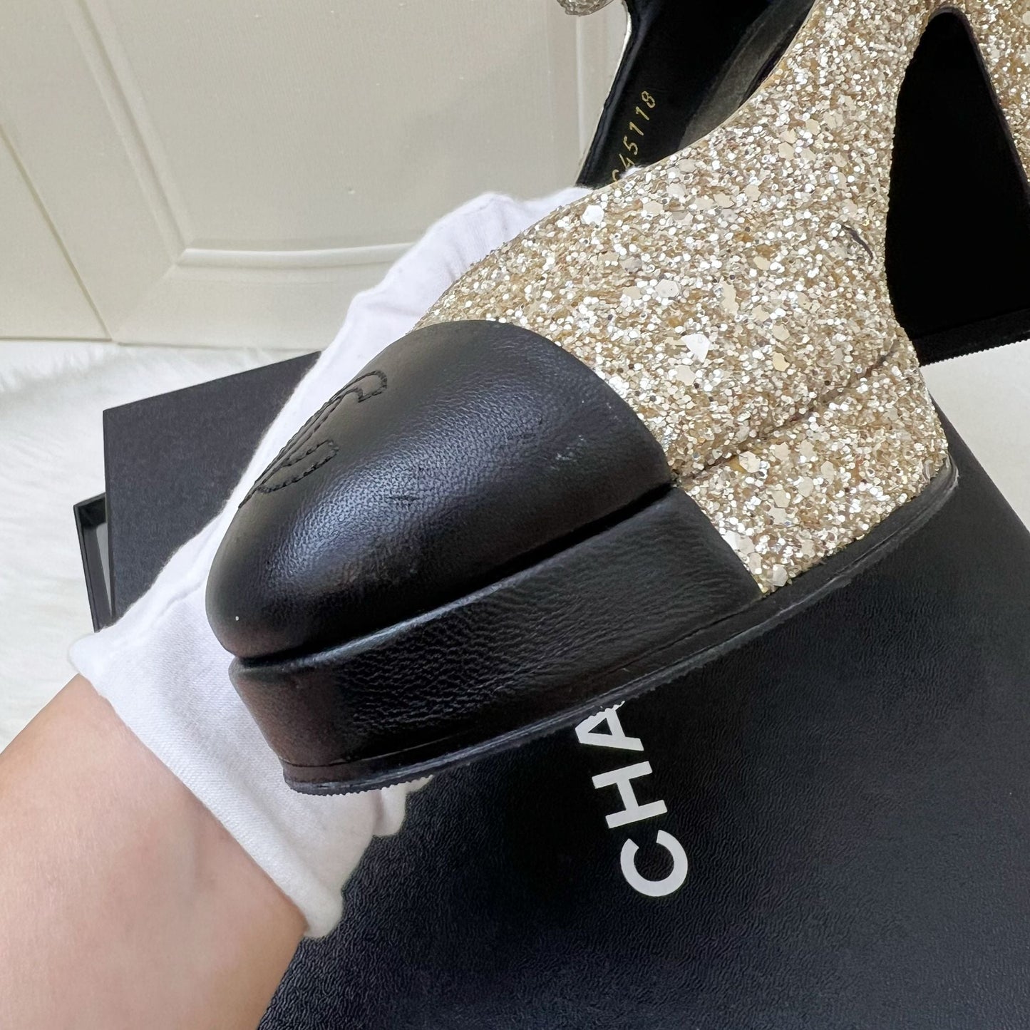 Chanel Platform Heels with Gold Glitter and Black Leather