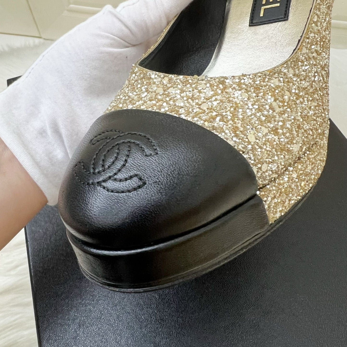 Chanel Platform Heels with Gold Glitter and Black Leather