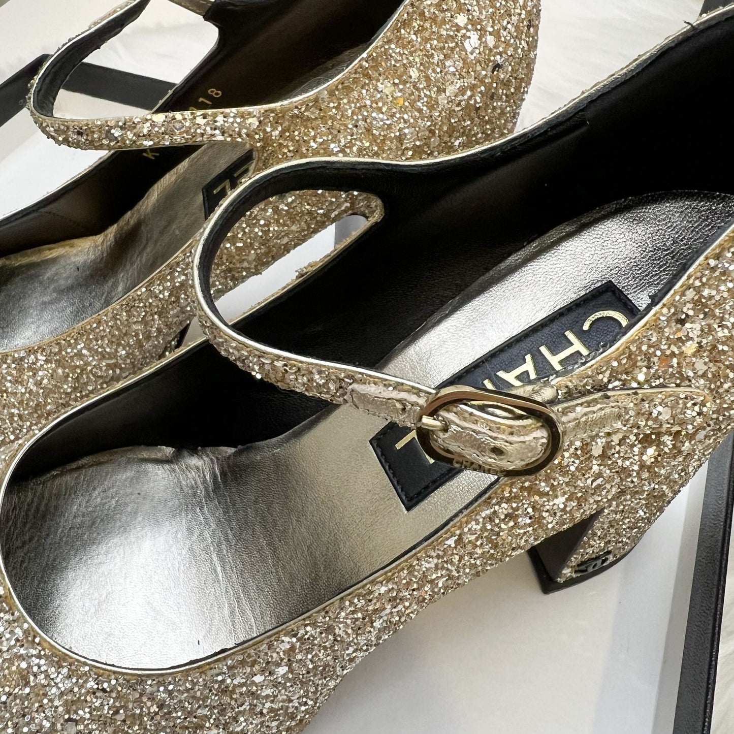 Chanel Platform Heels with Gold Glitter and Black Leather
