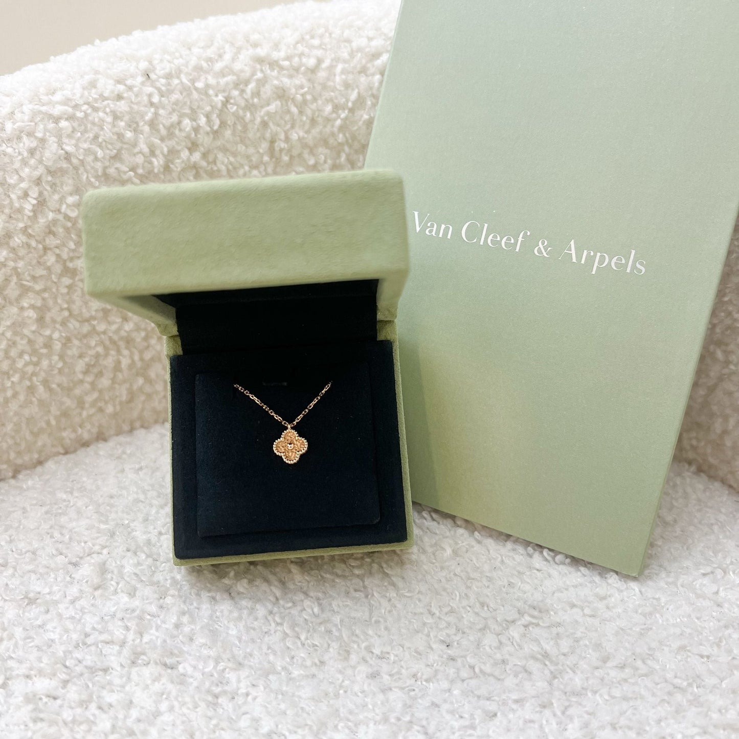 Van Cleef & Arpels VCA Sweet Alhambra Pendant Necklace in Hammered 18K Rose Gold