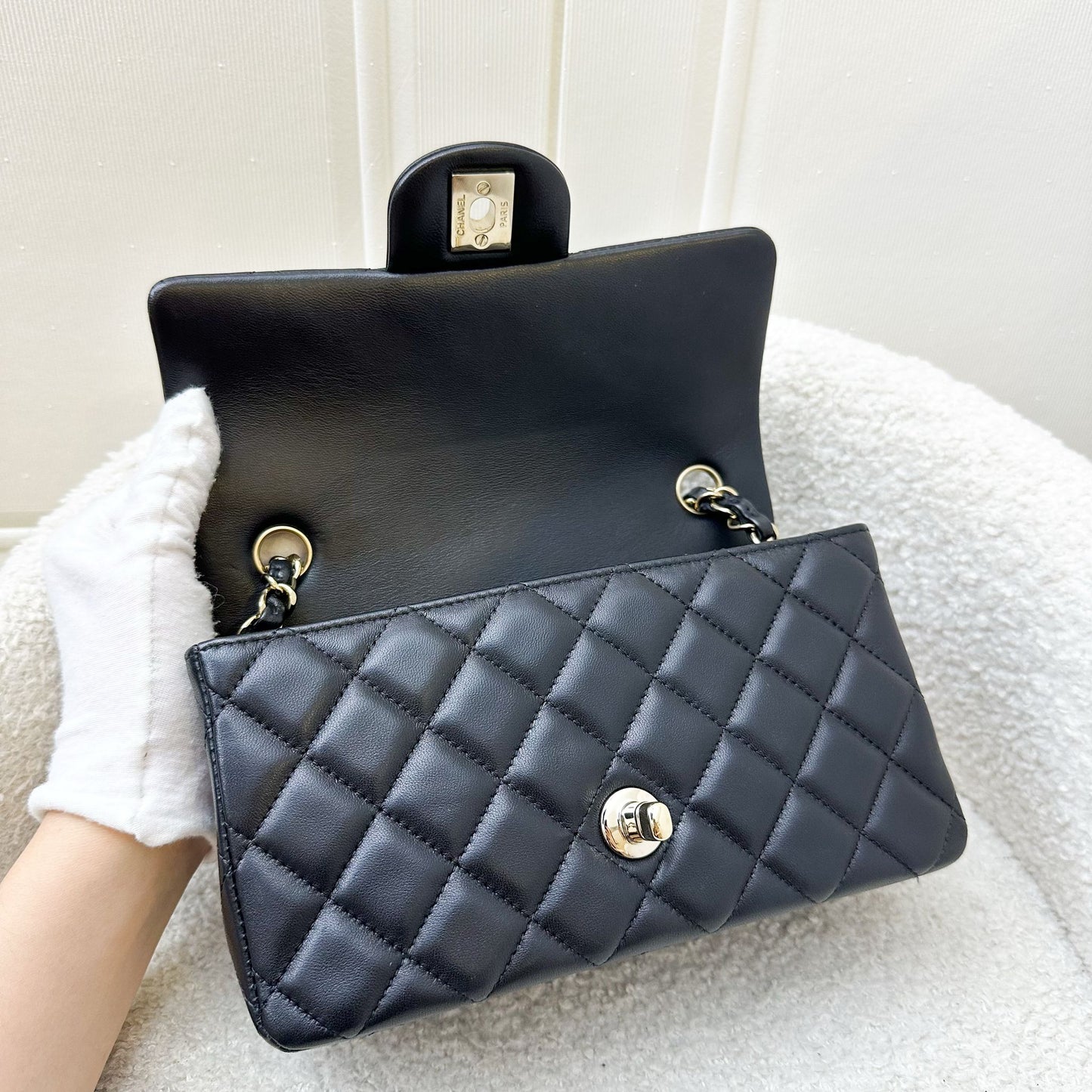 Chanel Classic Mini Rectangular Flap in Black Lambskin and LGHW