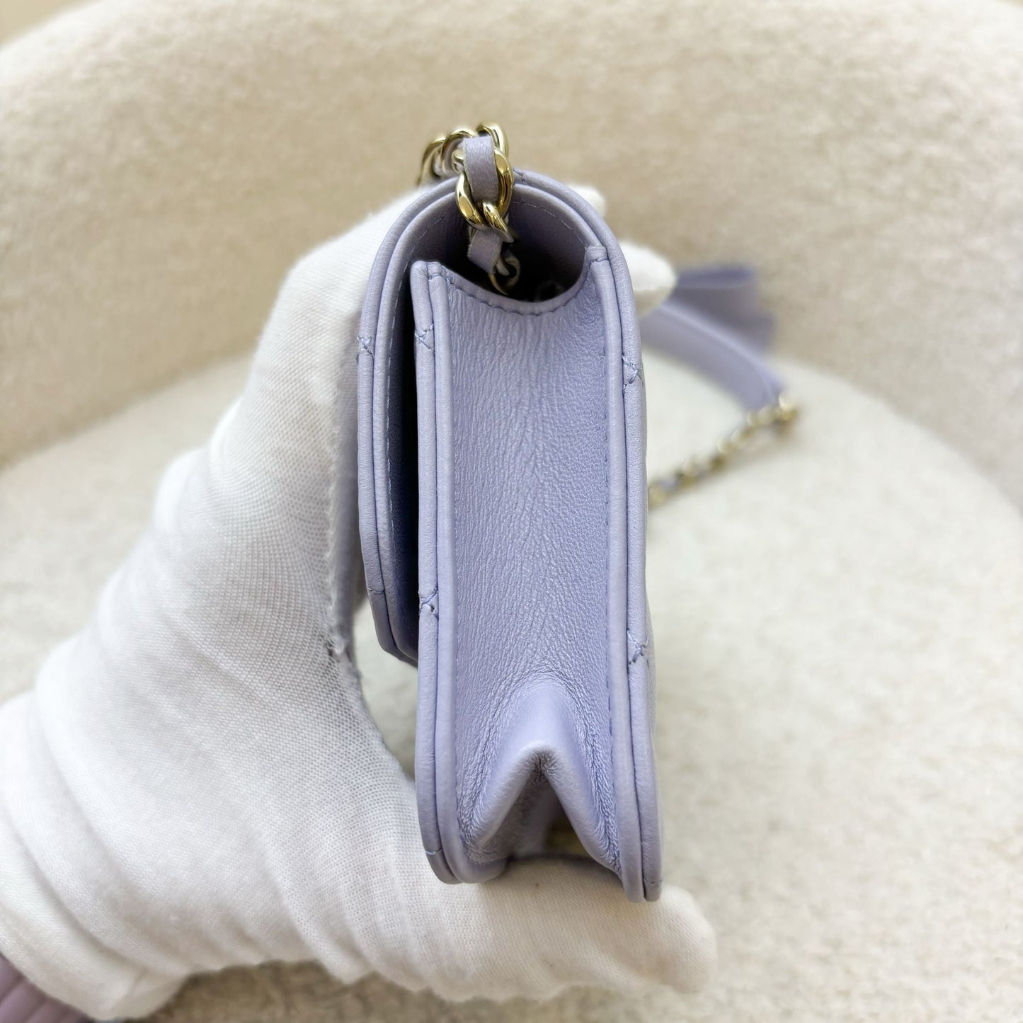 Chanel 21K Ribbon Micro Flap Bag in Lilac Lambskin and AGHW
