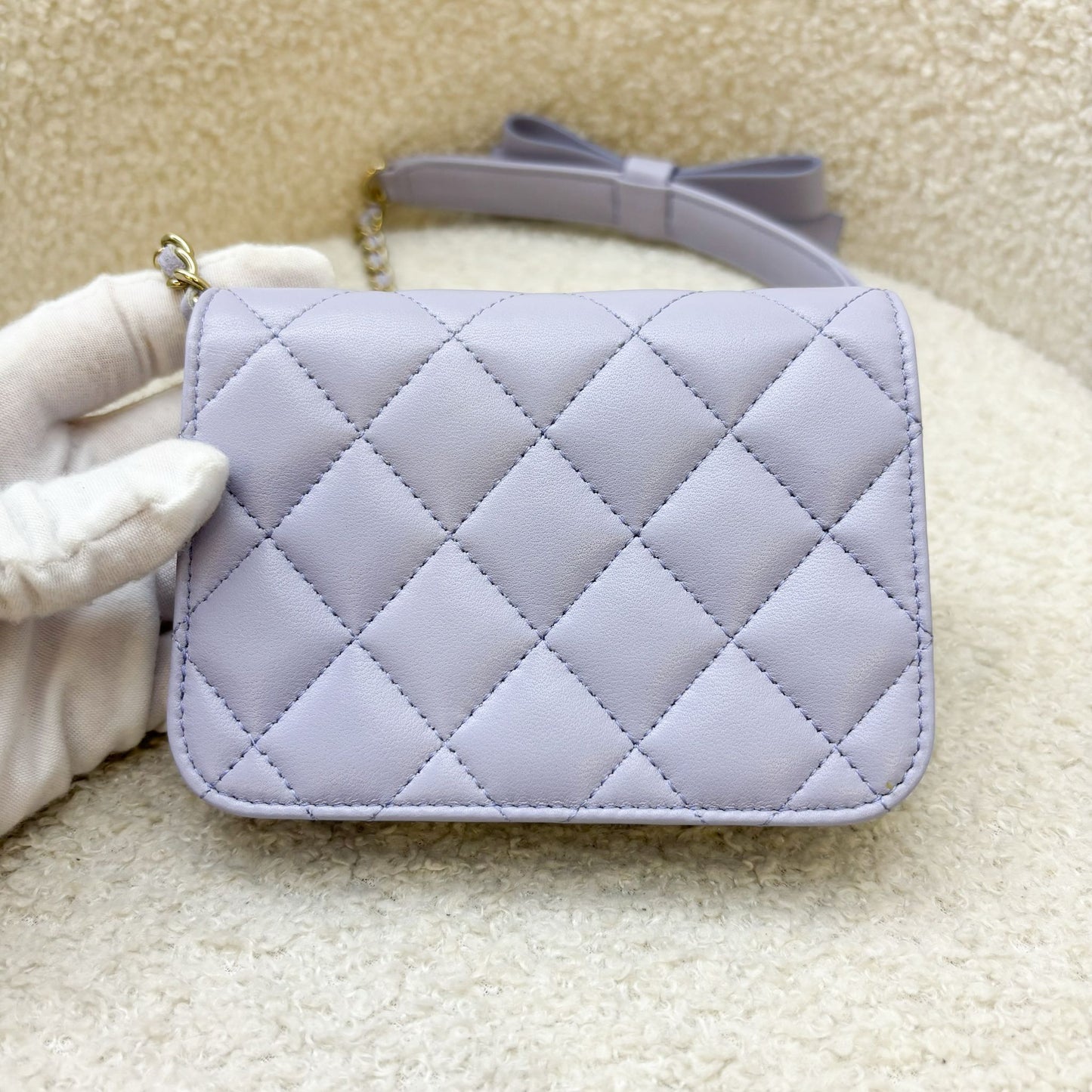 Chanel 21K Ribbon Micro Flap Bag in Lilac Lambskin and AGHW