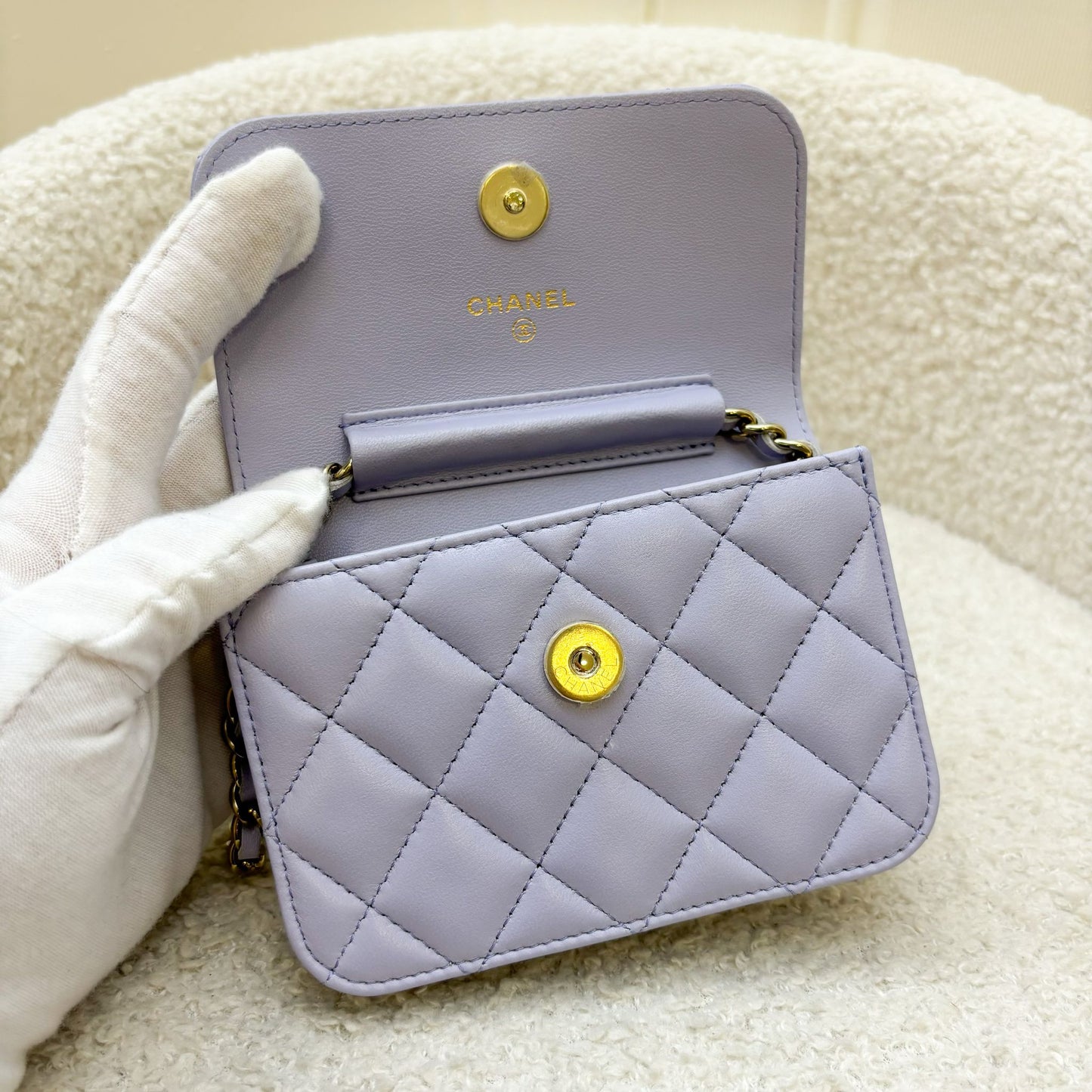 Chanel 21K Ribbon Micro Flap Bag in Lilac Lambskin and AGHW