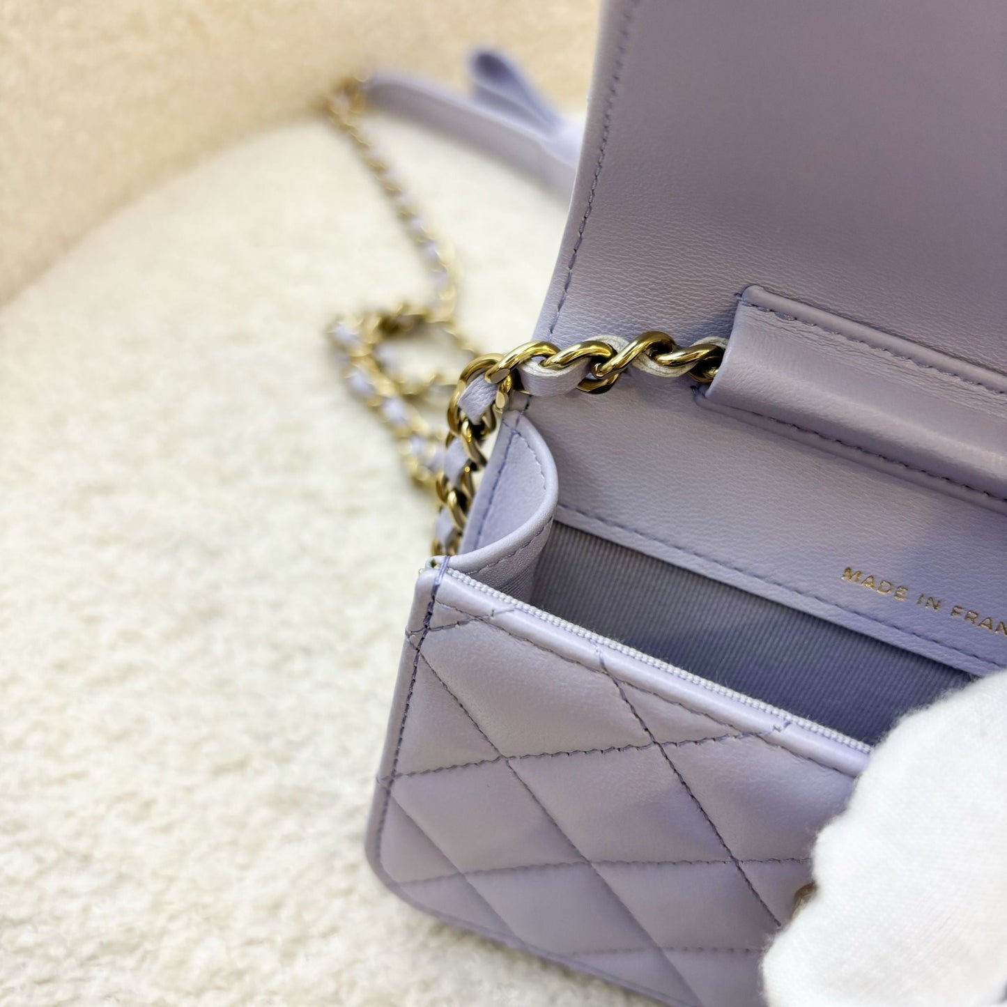 Chanel 21K Ribbon Micro Flap Bag in Lilac Lambskin and AGHW
