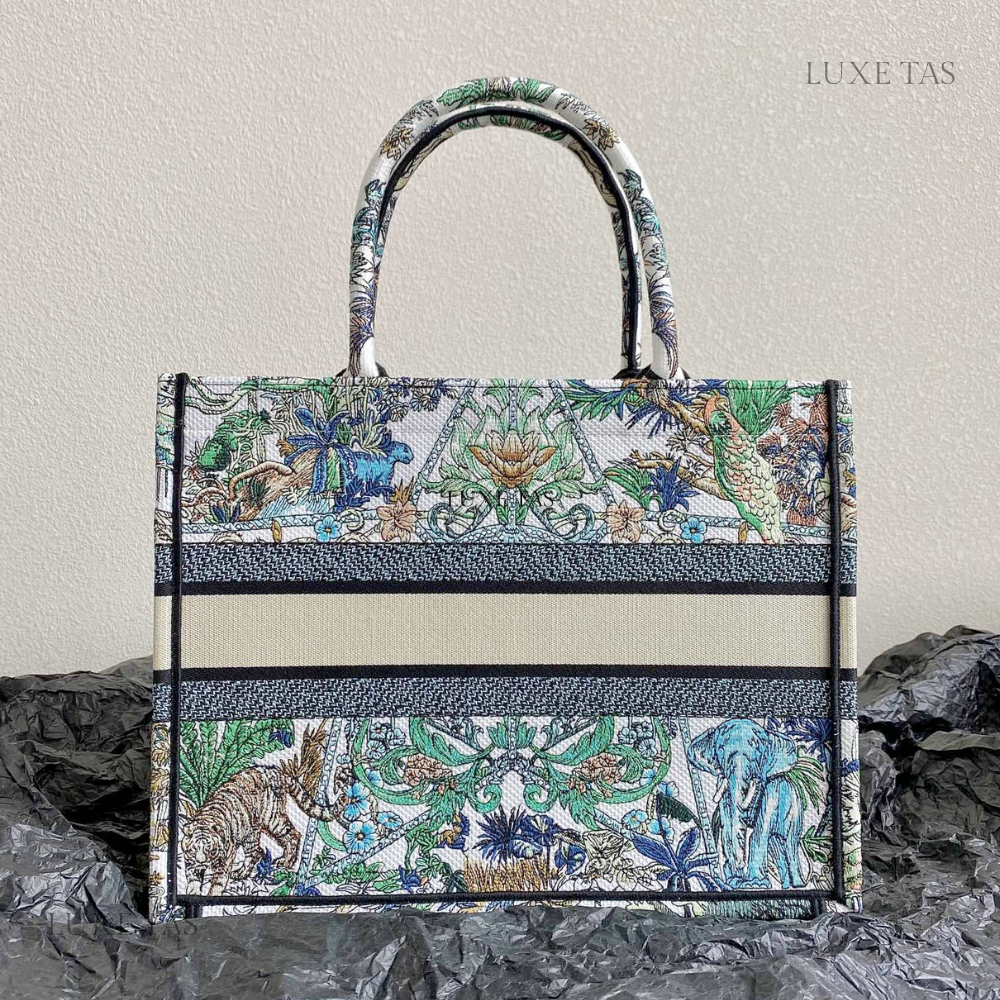 White Multicolor Étoile de Voyage Embroidery Medium D Book Tote - Tote Bag for Women