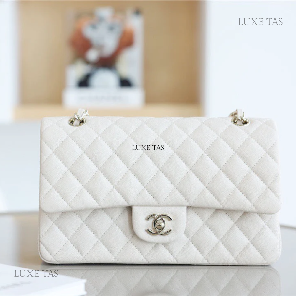 White Quilted Caviar Medium Classic Double Flap Bag Silver Hardware Leather Crossbody Bag for Women