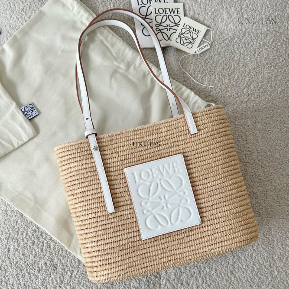 White Small Square Basket Bag In Raffia And Calfskin Designer Tote Bag for Women