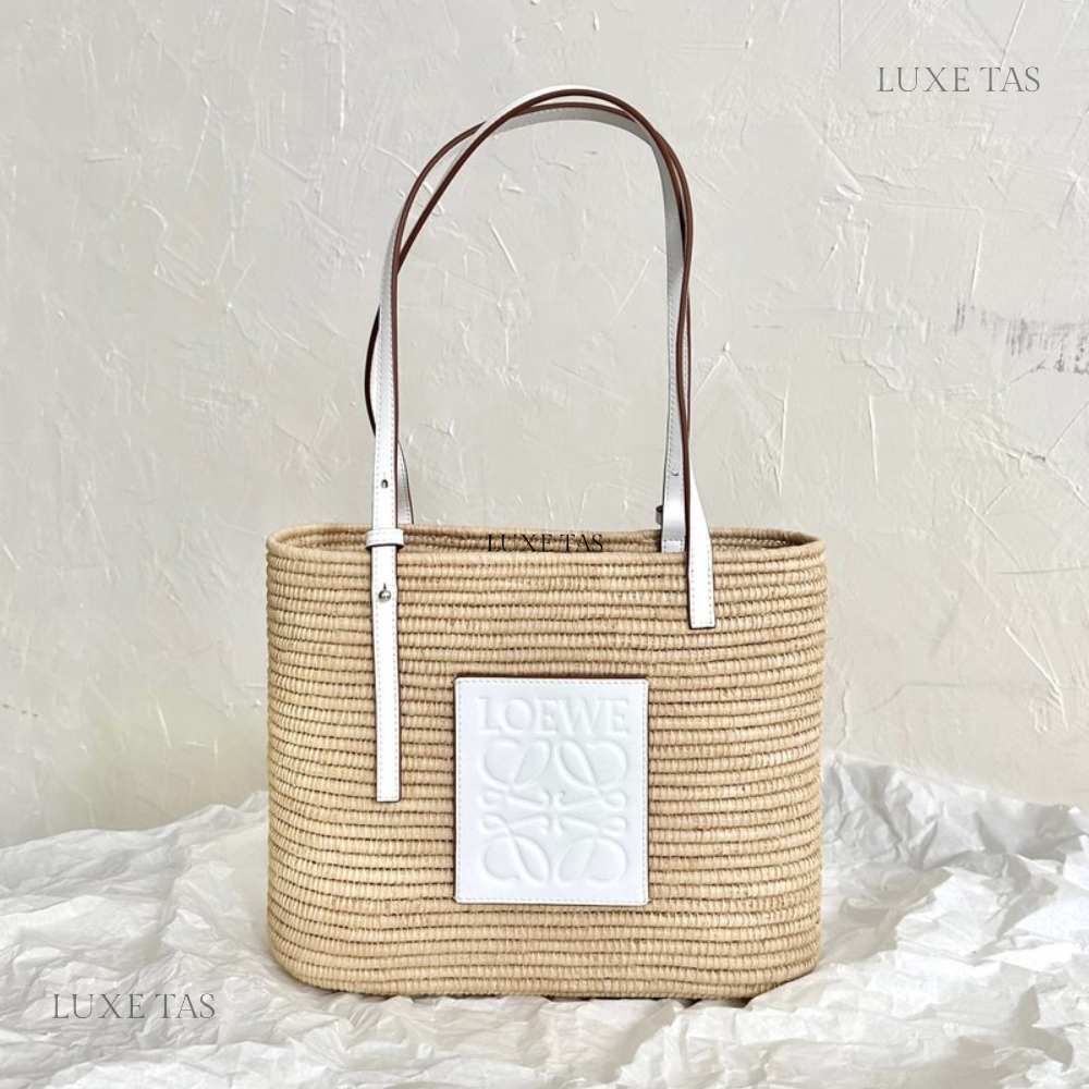 White Small Square Basket Bag In Raffia And Calfskin Designer Tote Bag for Women