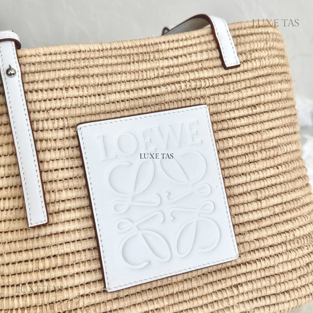 White Small Square Basket Bag In Raffia And Calfskin Designer Tote Bag for Women