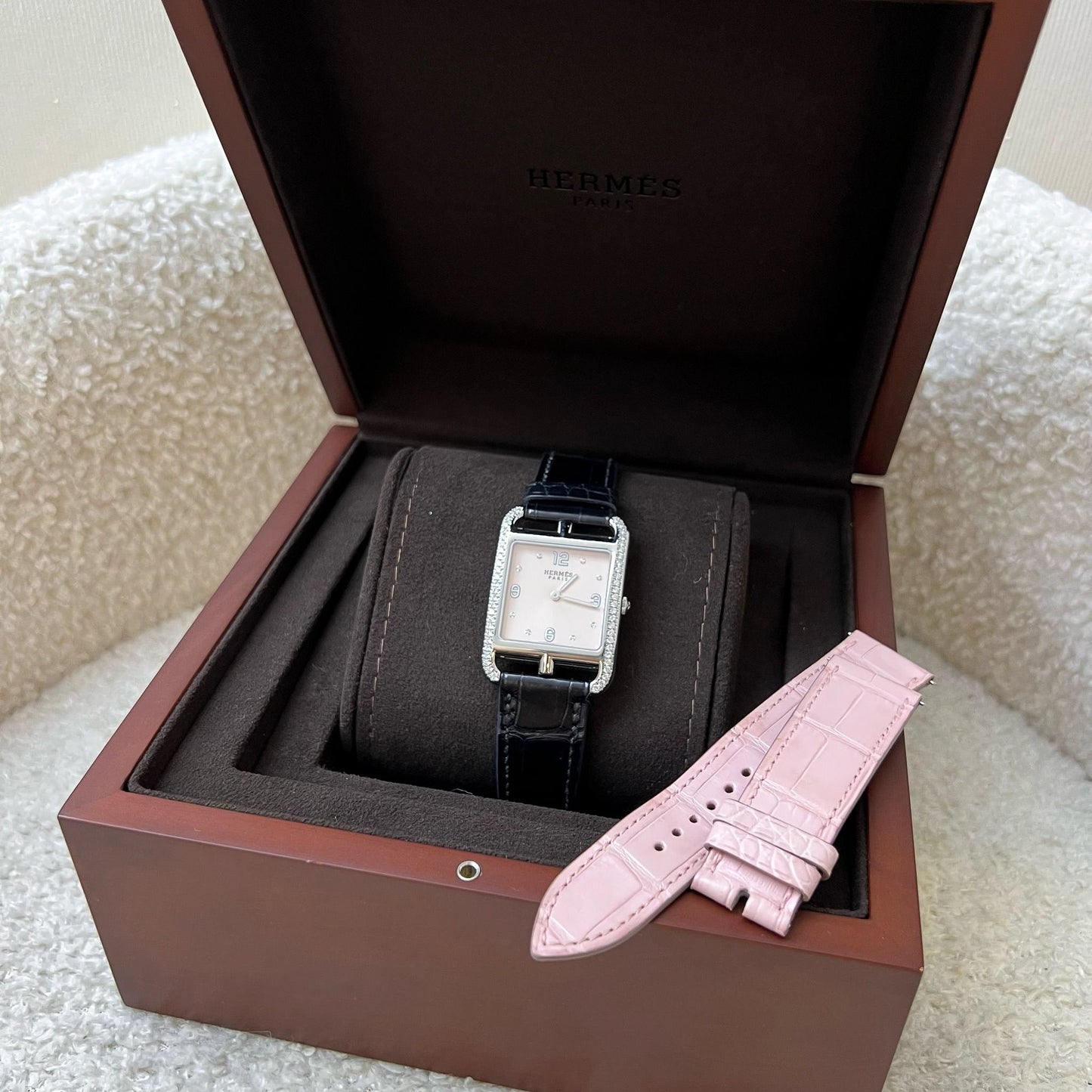 Hermes Cape Cod PM 37mm Quartz Watch with Diamonds and Rose Pale Alligator Strap + Extra Strap (Black Alligator) worth $700 (Model: CC2.732C)