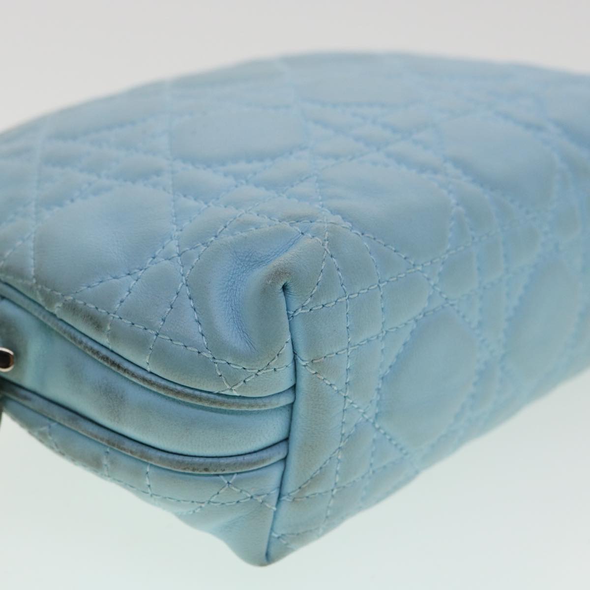 CHRISTIAN DIOR Lady Dior Canage Pouch Lamb Skin Blue Auth am3267