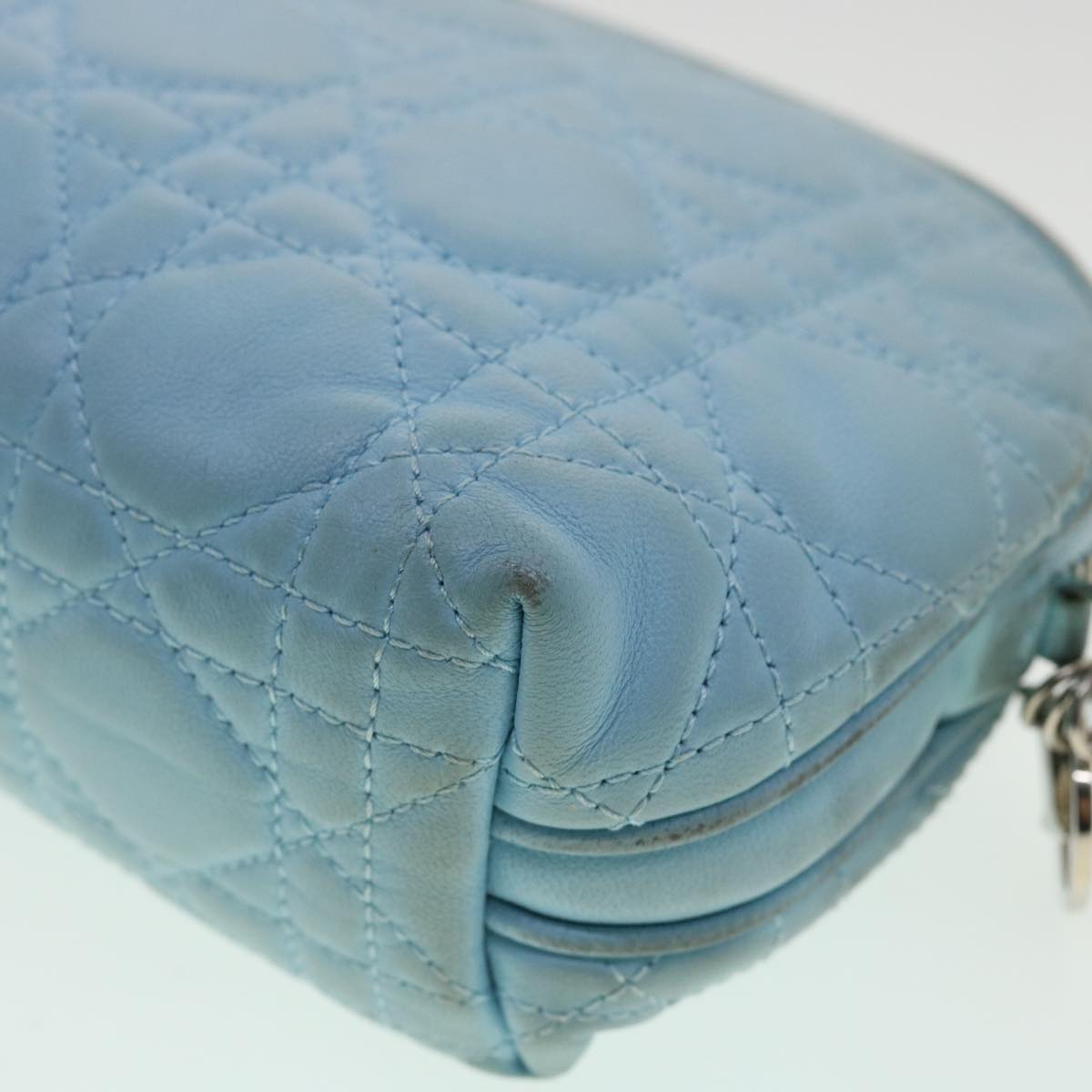 CHRISTIAN DIOR Lady Dior Canage Pouch Lamb Skin Blue Auth am3267