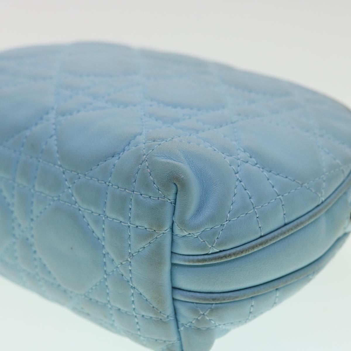 CHRISTIAN DIOR Lady Dior Canage Pouch Lamb Skin Blue Auth am3267