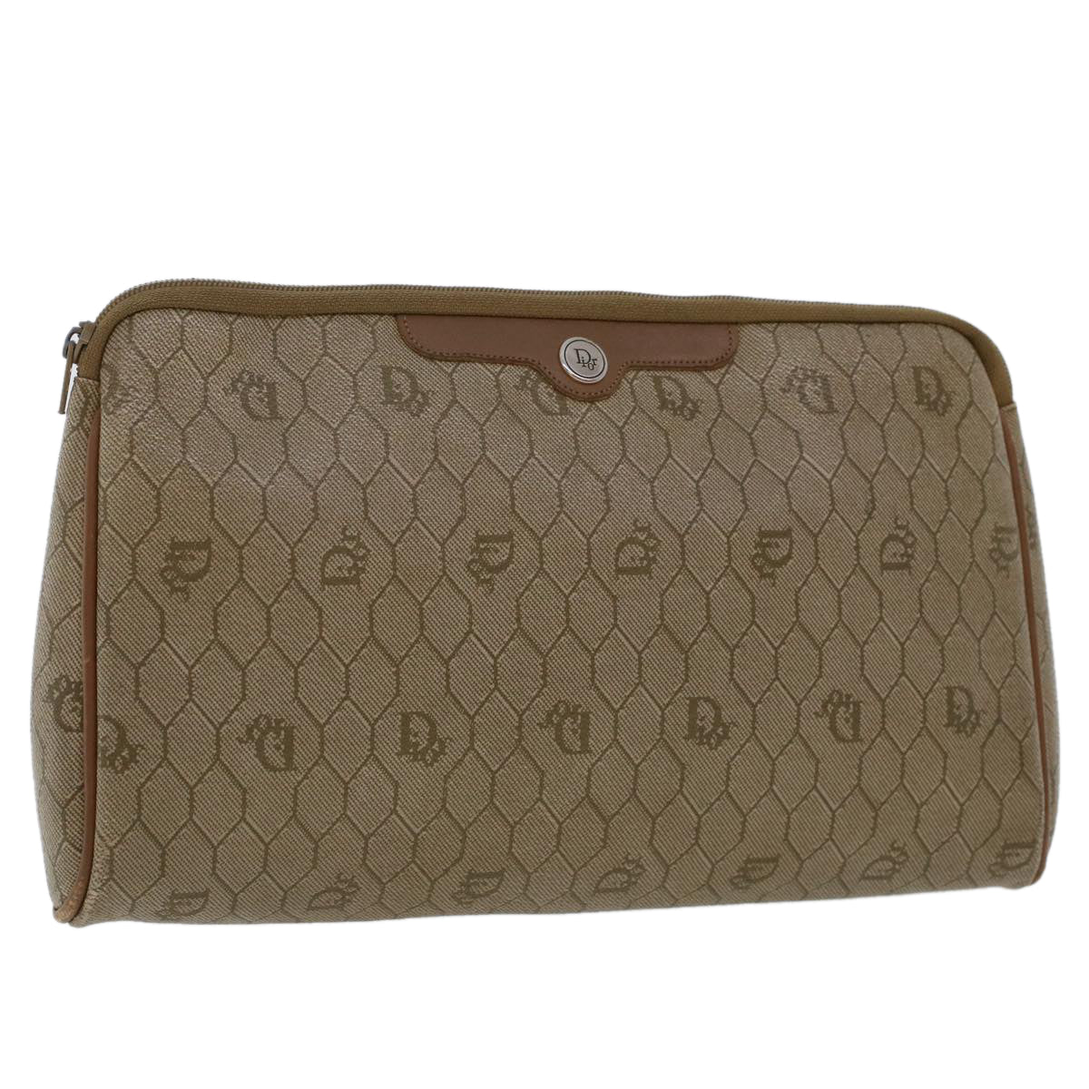 CHRISTIAN DIOR Honeycomb Canvas Clutch Bag PVC Leather Beige Auth ar9839