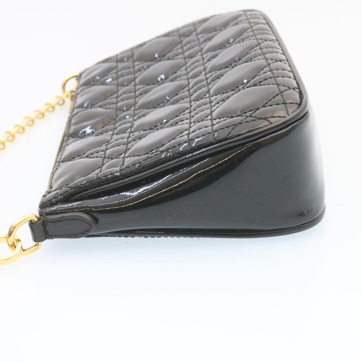 CHRISTIAN DIOR Chain Lady Dior Accessory Pouch Enamel Black Auth am427b