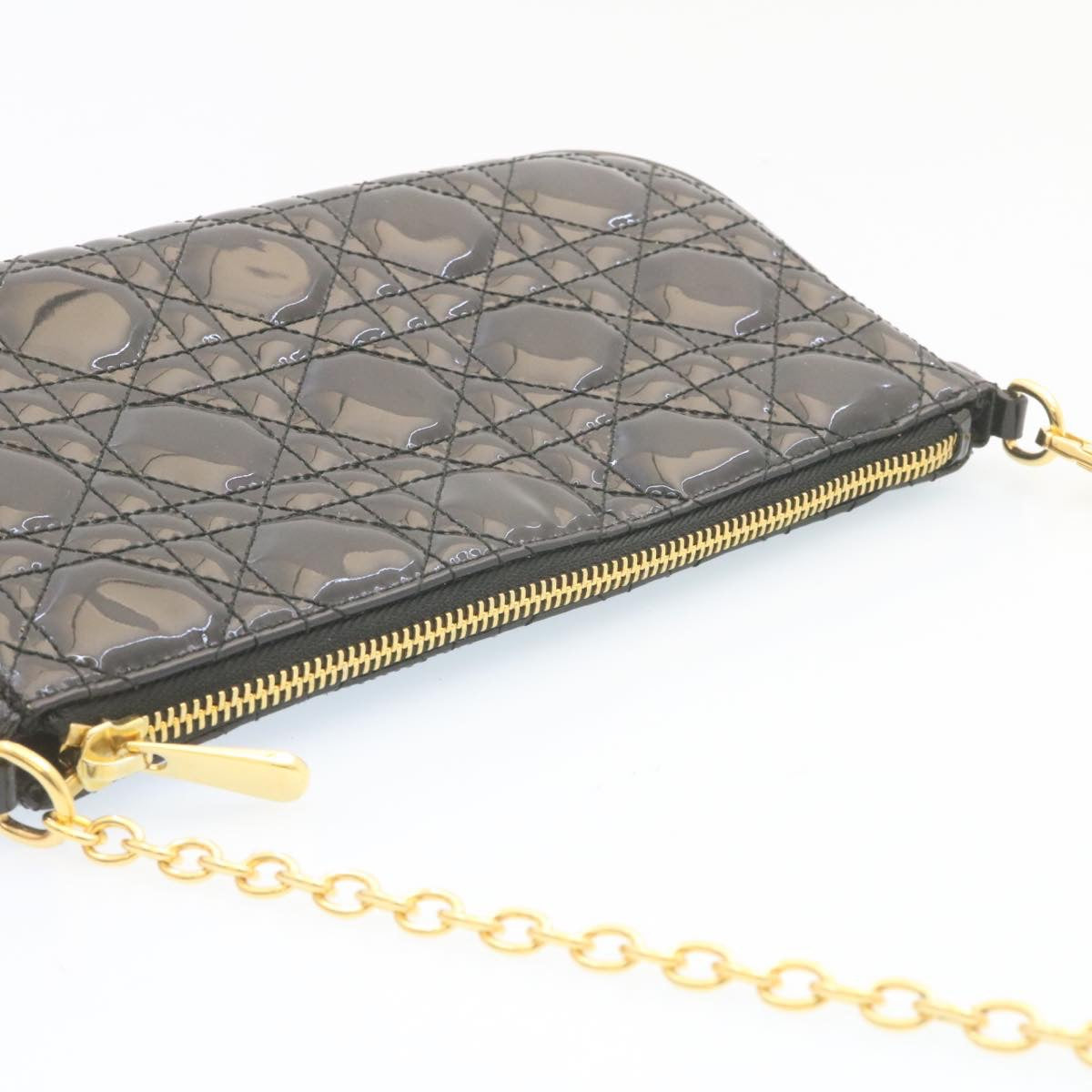 CHRISTIAN DIOR Chain Lady Dior Accessory Pouch Enamel Black Auth am427b