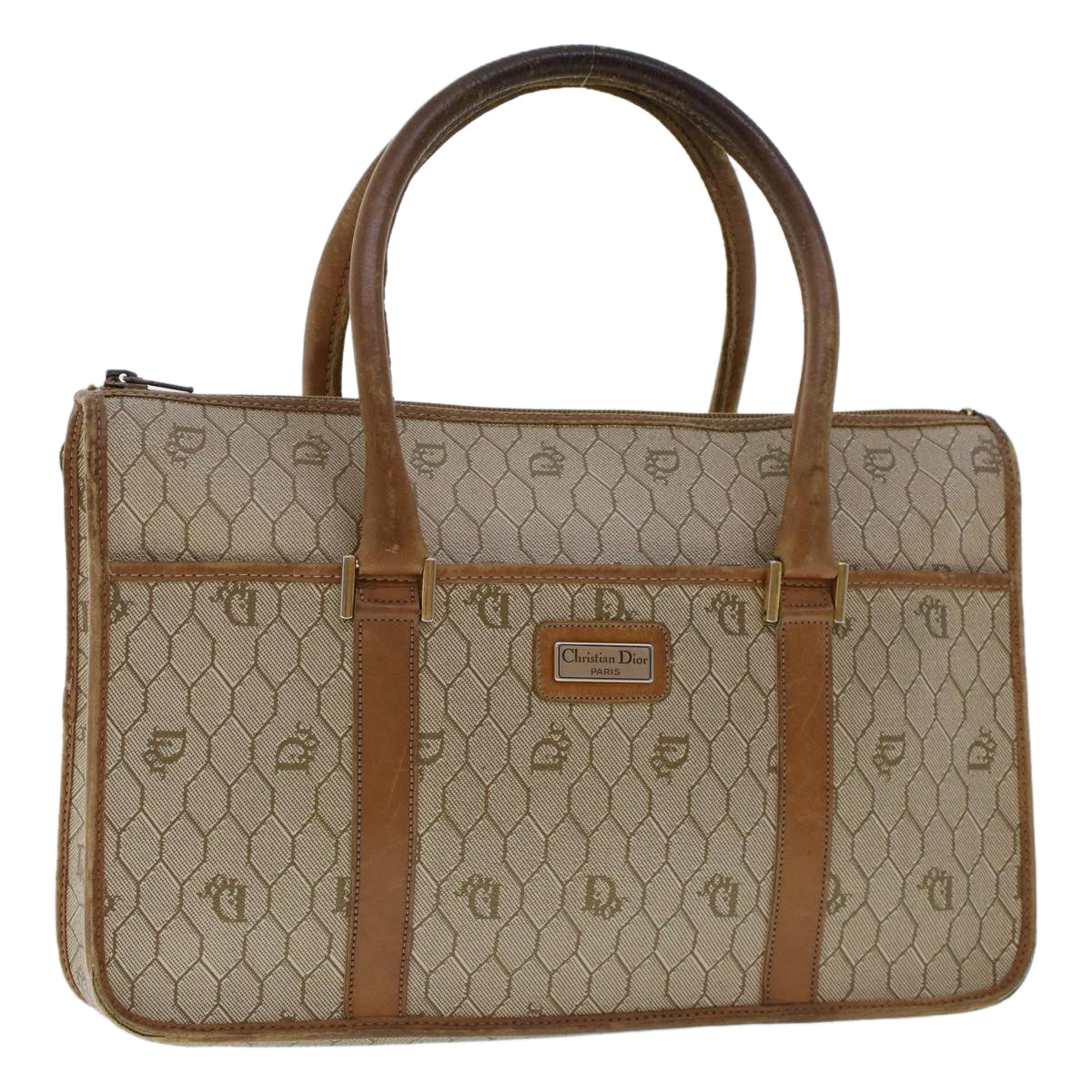 CHRISTIAN DIOR Honeycomb Canvas Hand Bag PVC Leather Beige Auth bs6449
