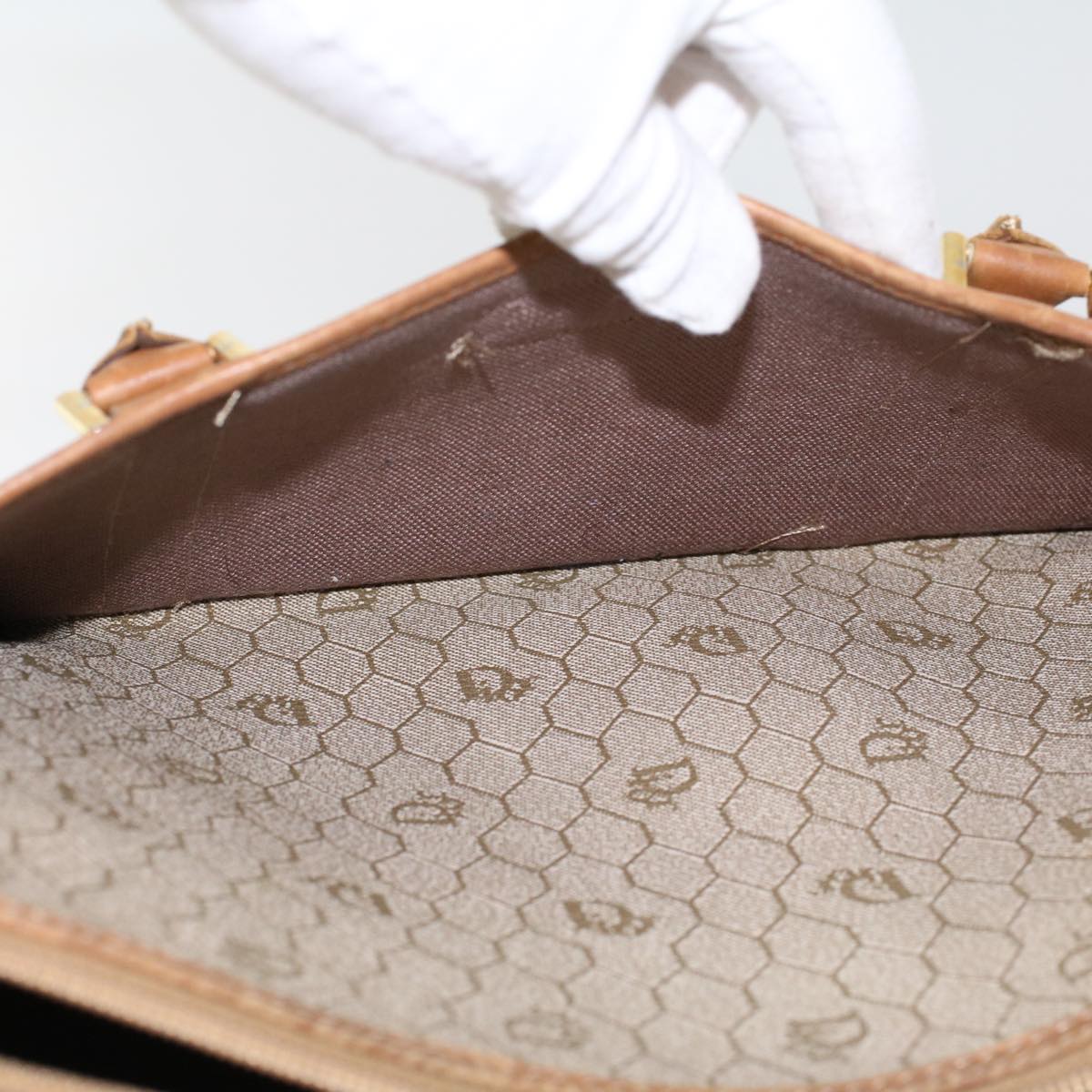 CHRISTIAN DIOR Honeycomb Canvas Hand Bag PVC Leather Beige Auth bs6449