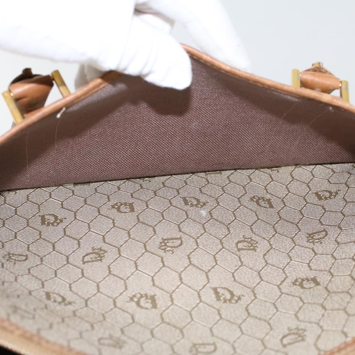CHRISTIAN DIOR Honeycomb Canvas Hand Bag PVC Leather Beige Auth bs6449