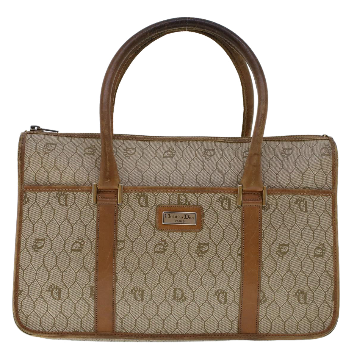 CHRISTIAN DIOR Honeycomb Canvas Hand Bag PVC Leather Beige Auth bs6449