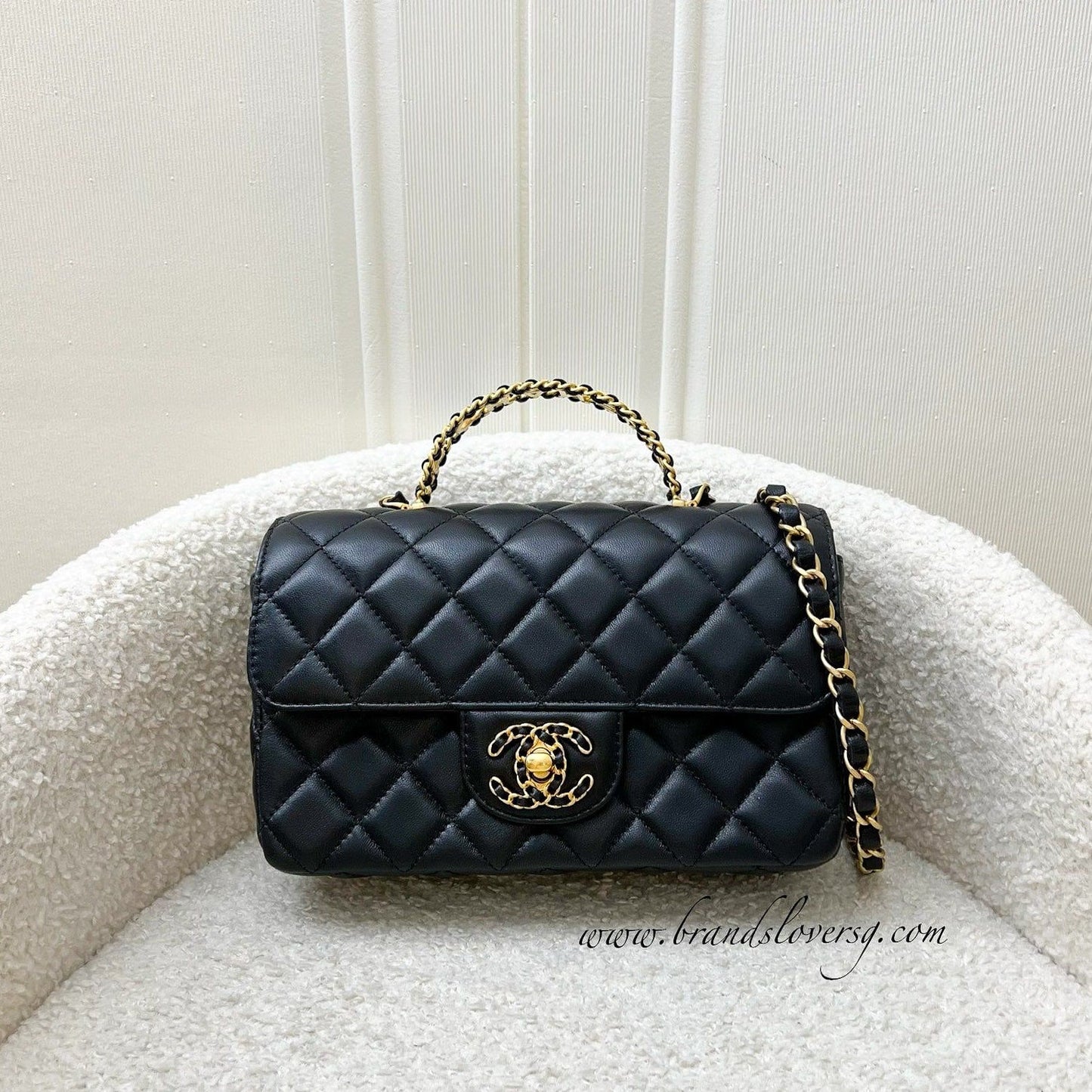 Chanel 24C "Pick Me Up" Top Handle Mini Rectangular Flap in Black Lambskin and AGHW (Model: AS4362)