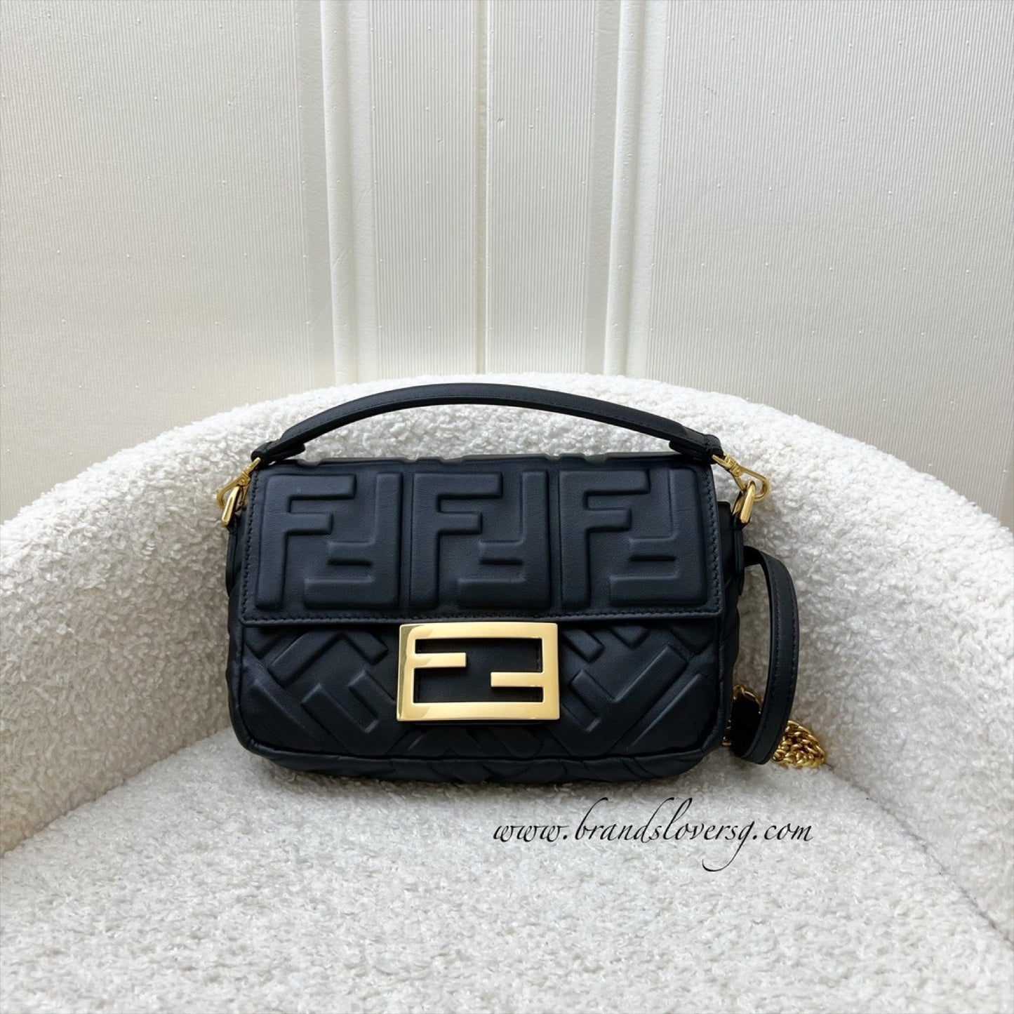 Fendi Mini Baguette Flap Bag in FF Motif Embossed Nappa Leather and GHW
