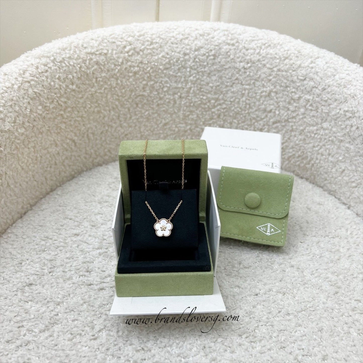 Van Cleef & Arpels VCA Lucky Spring Plum Blossom Pendant Necklace with White Mother of Pearl MOP in 18K Rose Gold