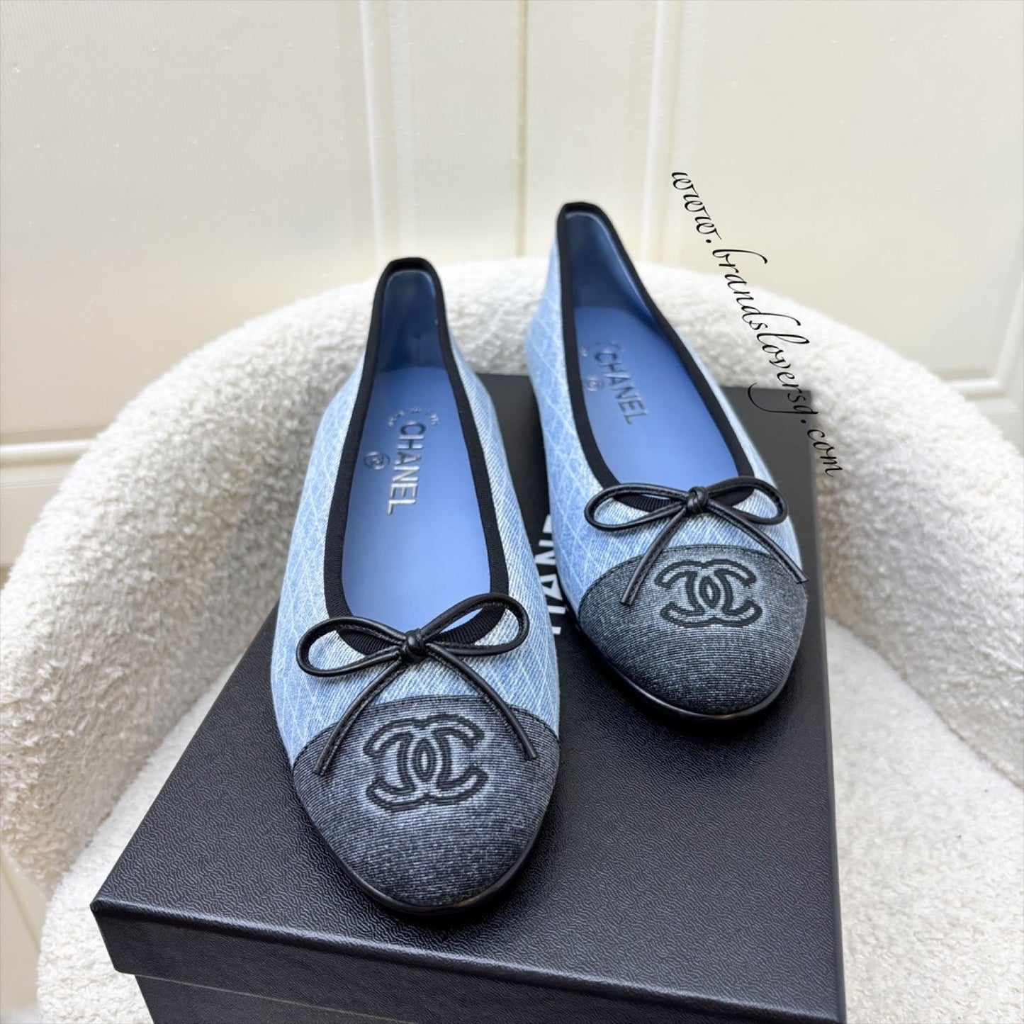 Chanel Classic Ballerina Pumps in Embroidered Light Blue Denim / Black Gosgrain Sz 37.5