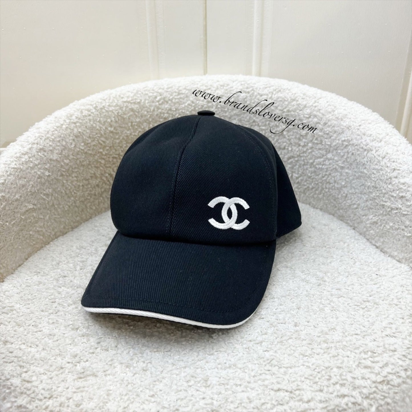 Chanel Baseball Cap with White Embroidered CC Logo in Black